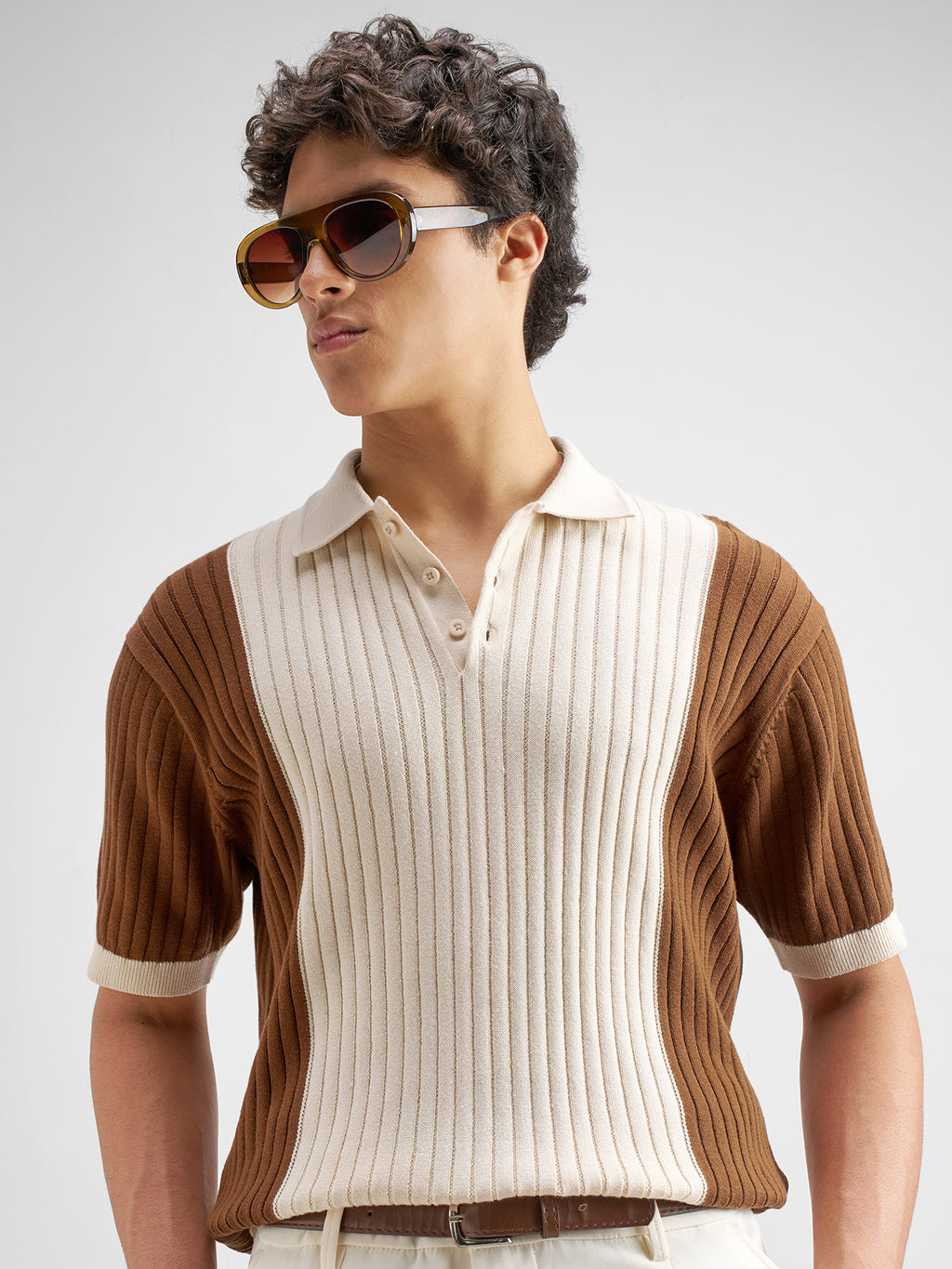 Highlander Men Cream Self Design Polo Collar T-Shirt - Cream - Image 1