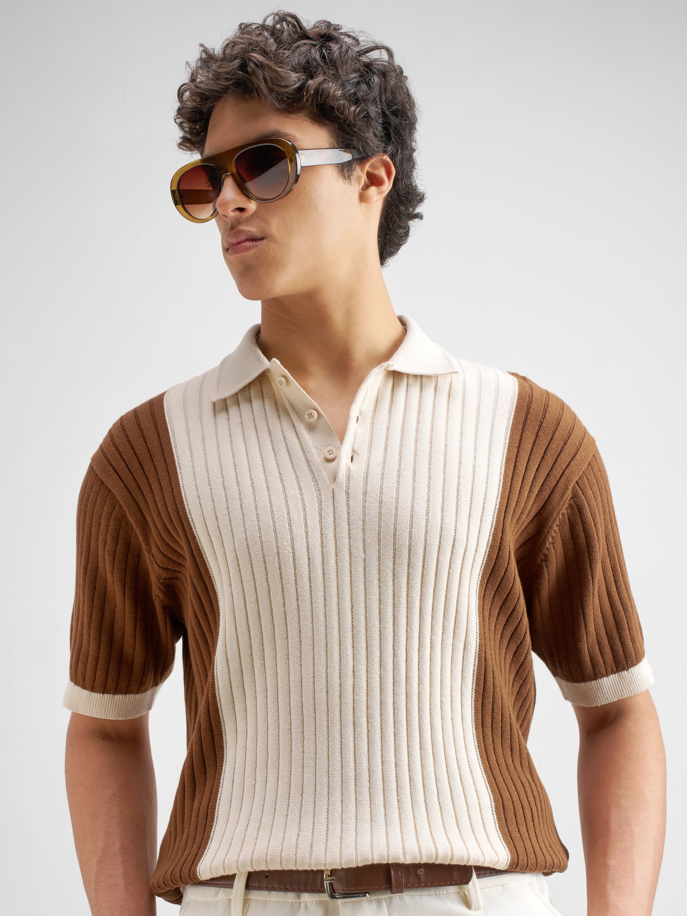 Highlander Men Cream Self Design Polo Collar T-Shirt - Cream - Image 1