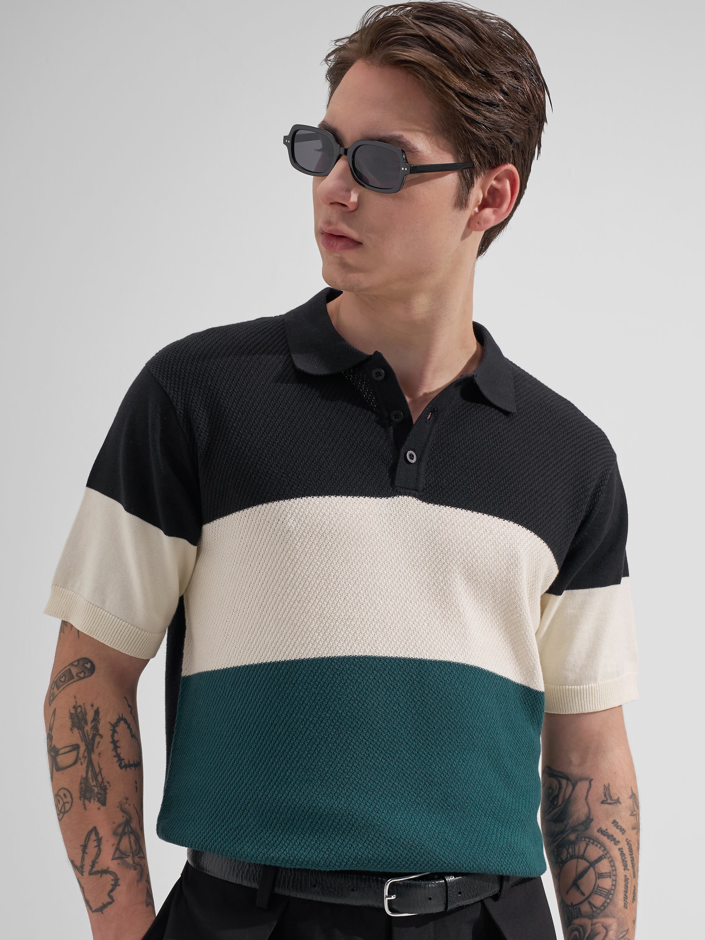 Highlander Men Black Colourblocked Polo Collar T-Shirt