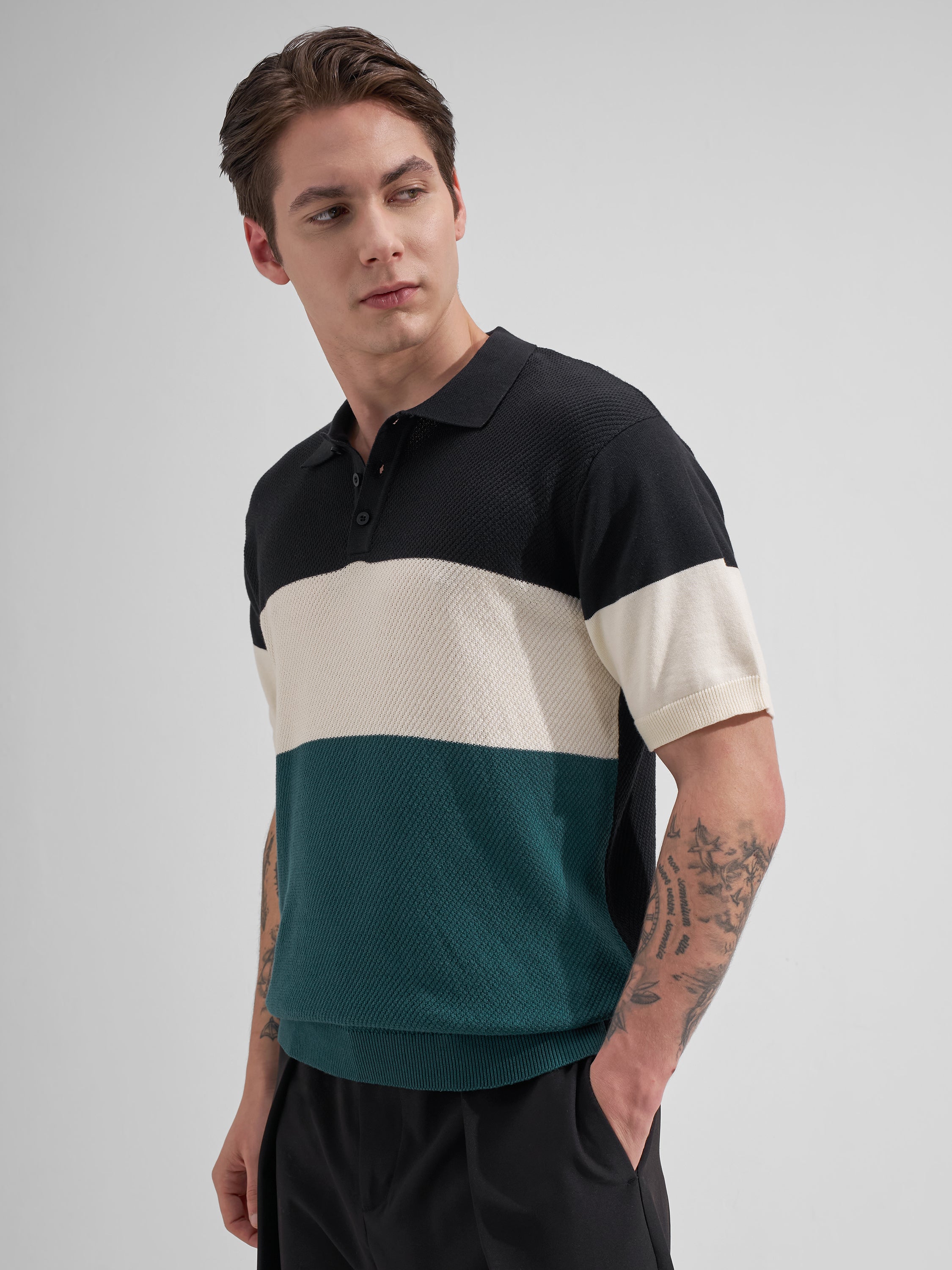 Highlander Men Black Colourblocked Polo Collar T-Shirt