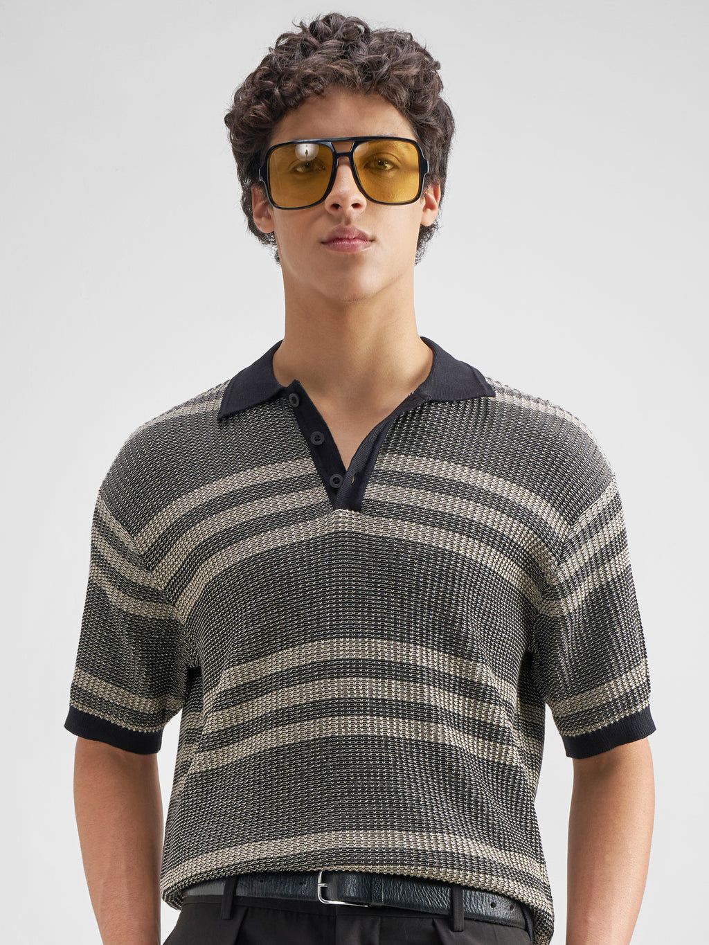 Highlander Men Black Self Design Polo Collar T-Shirt - Black - Image 1