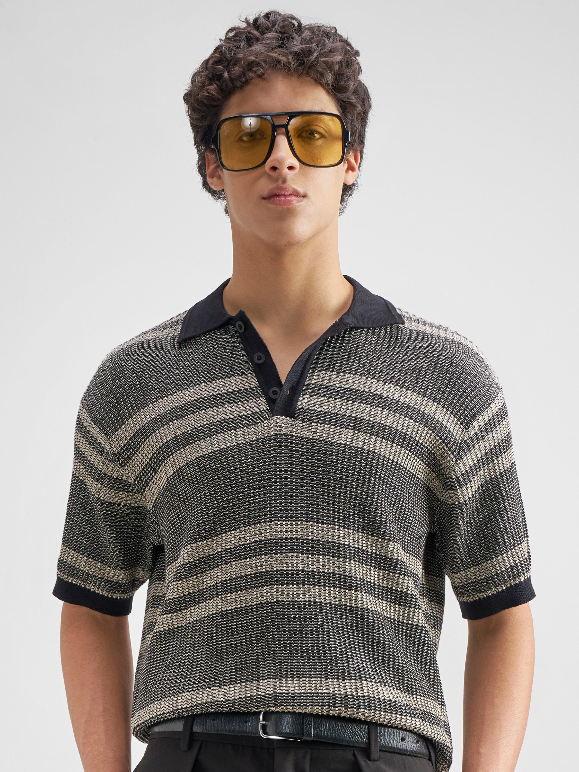 Highlander Men Black Self Design Polo Collar T-Shirt - Black - Image 1