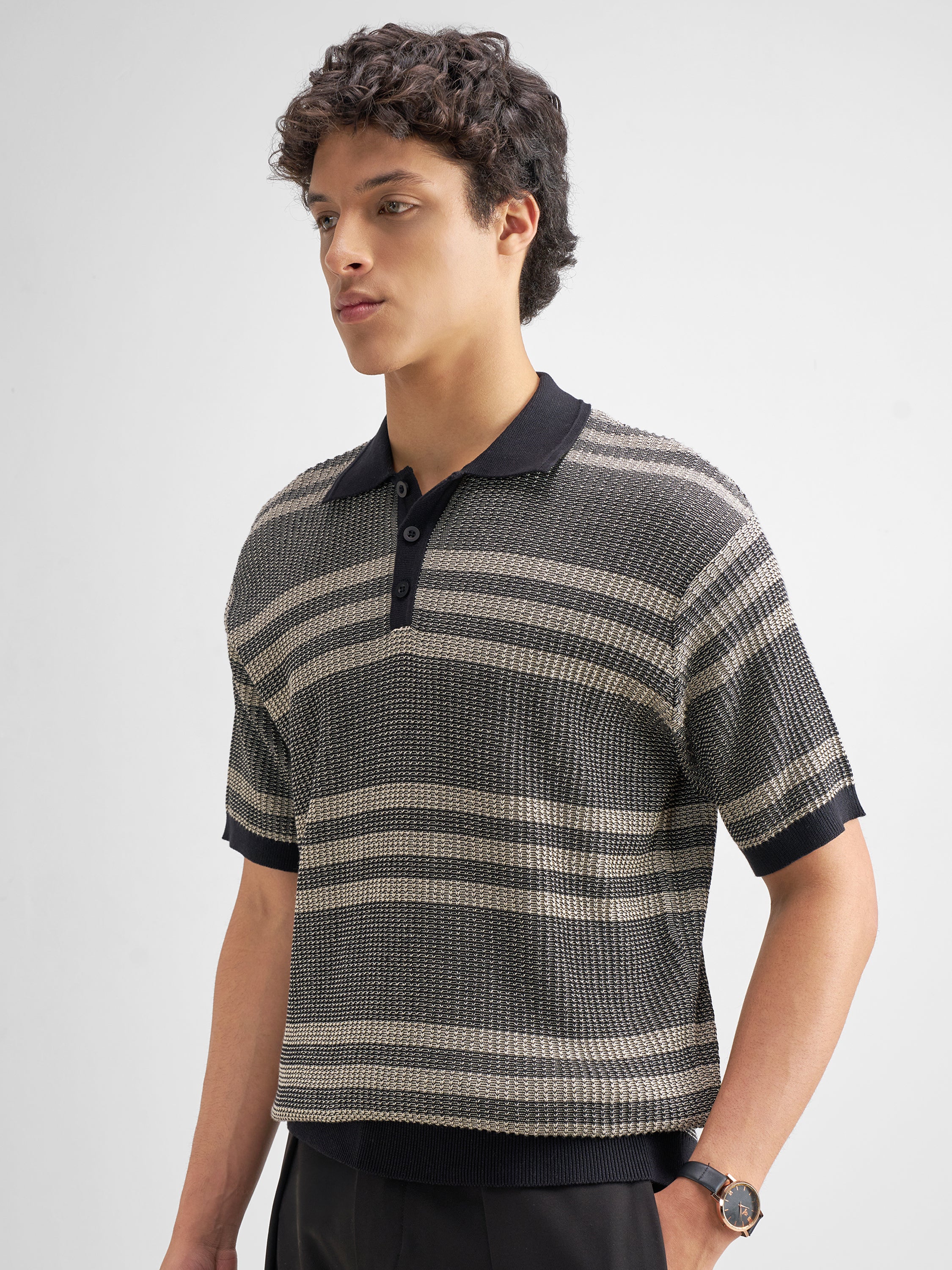 Highlander Men Black Self Design Polo Collar T-Shirt - Black - Image 4