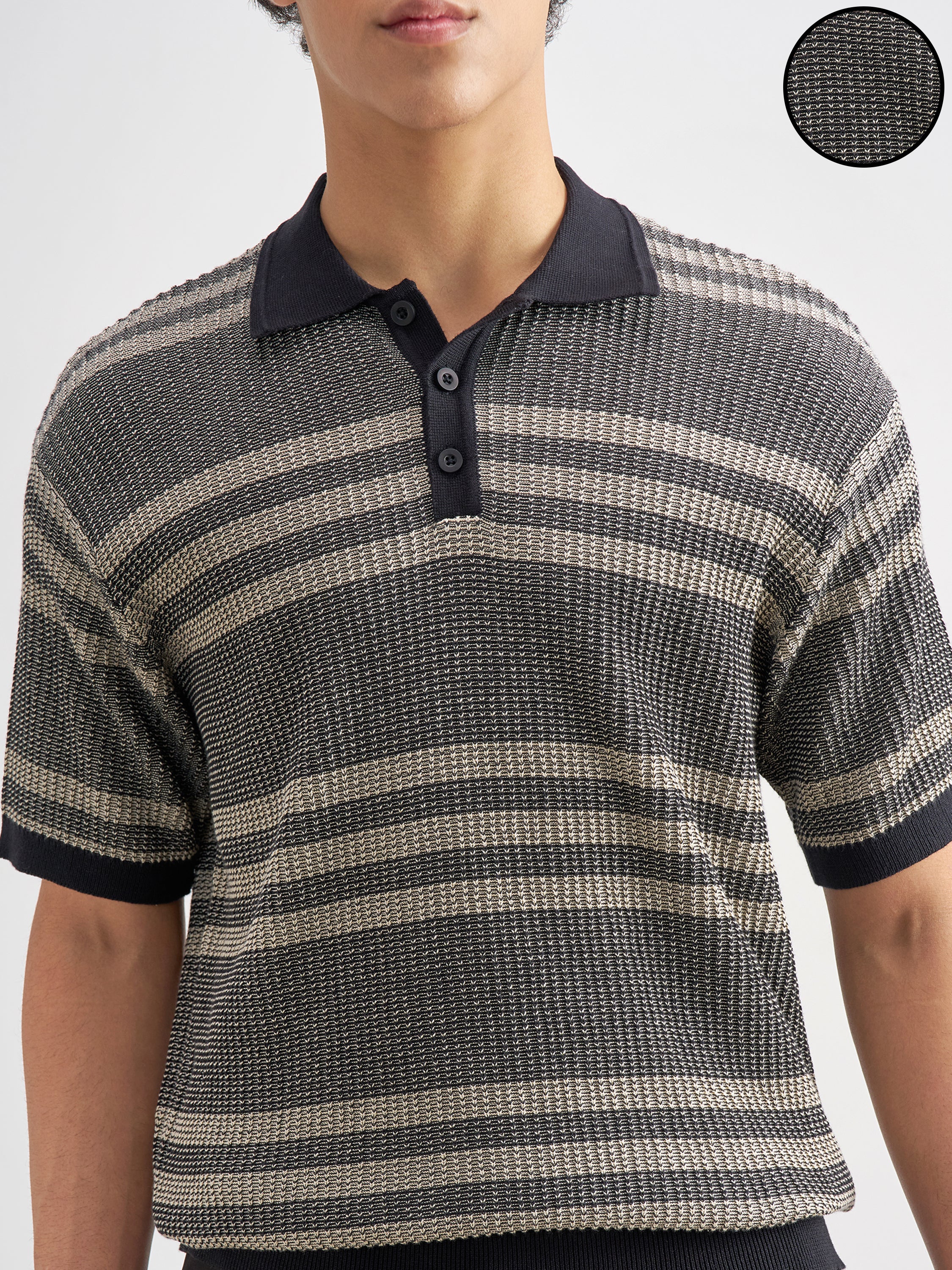 Highlander Men Black Self Design Polo Collar T-Shirt - Black - Image 5