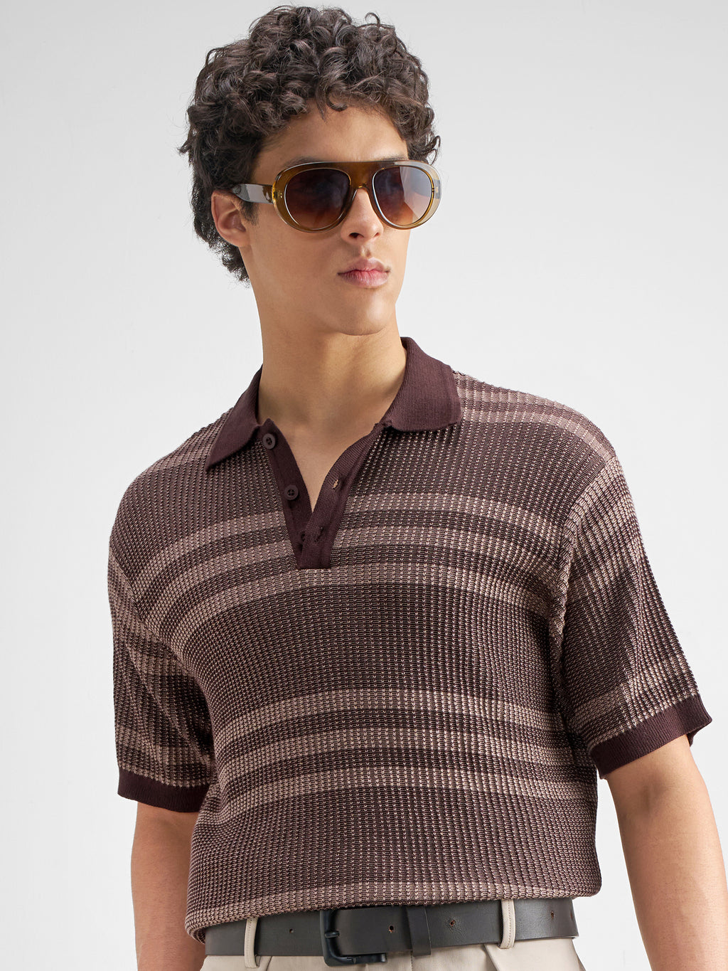 Highlander Men Brown Self Design Polo Collar T-Shirt - Brown - Image 1