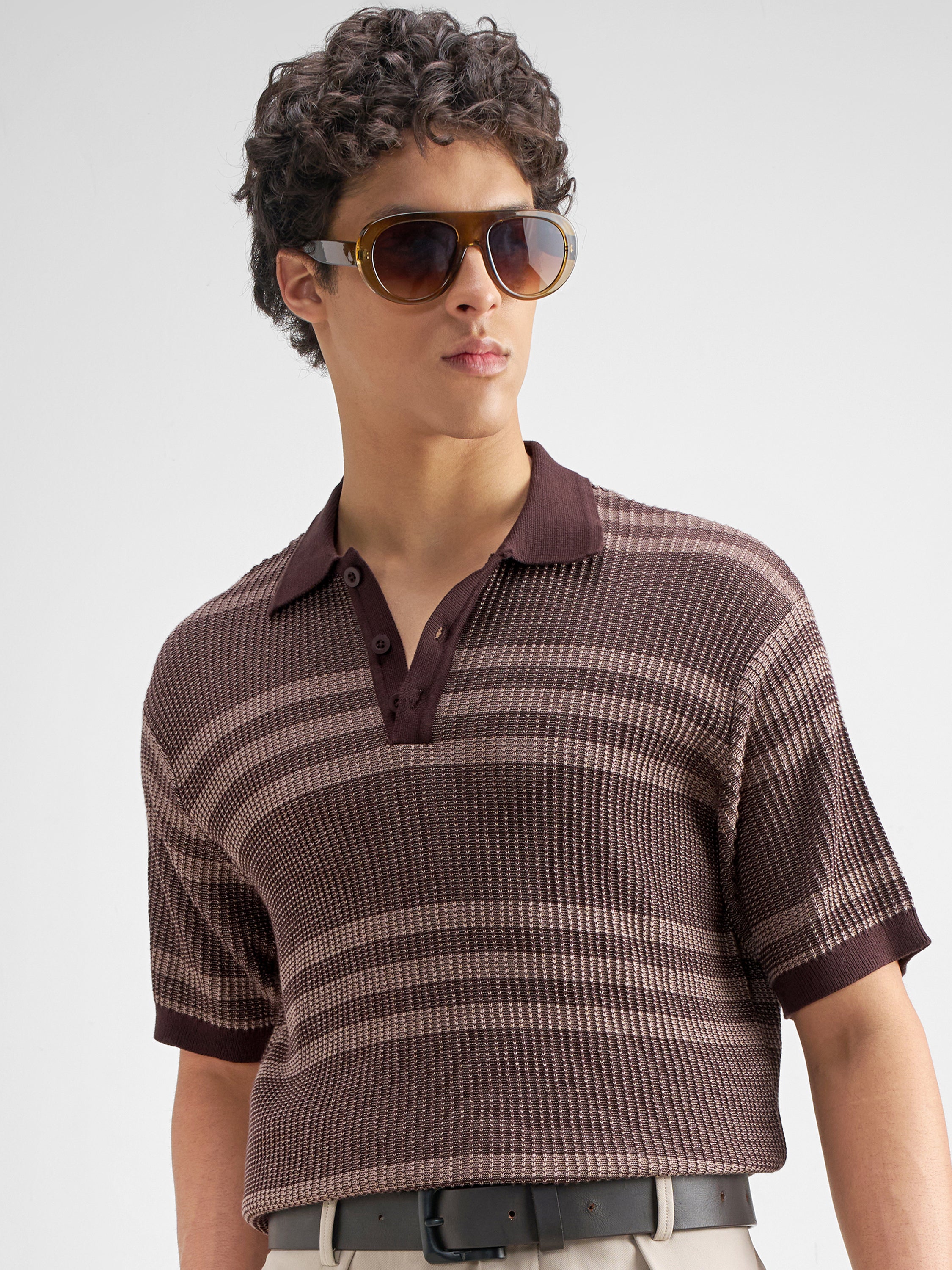Highlander Men Brown Self Design Polo Collar T-Shirt - Brown - Image 1
