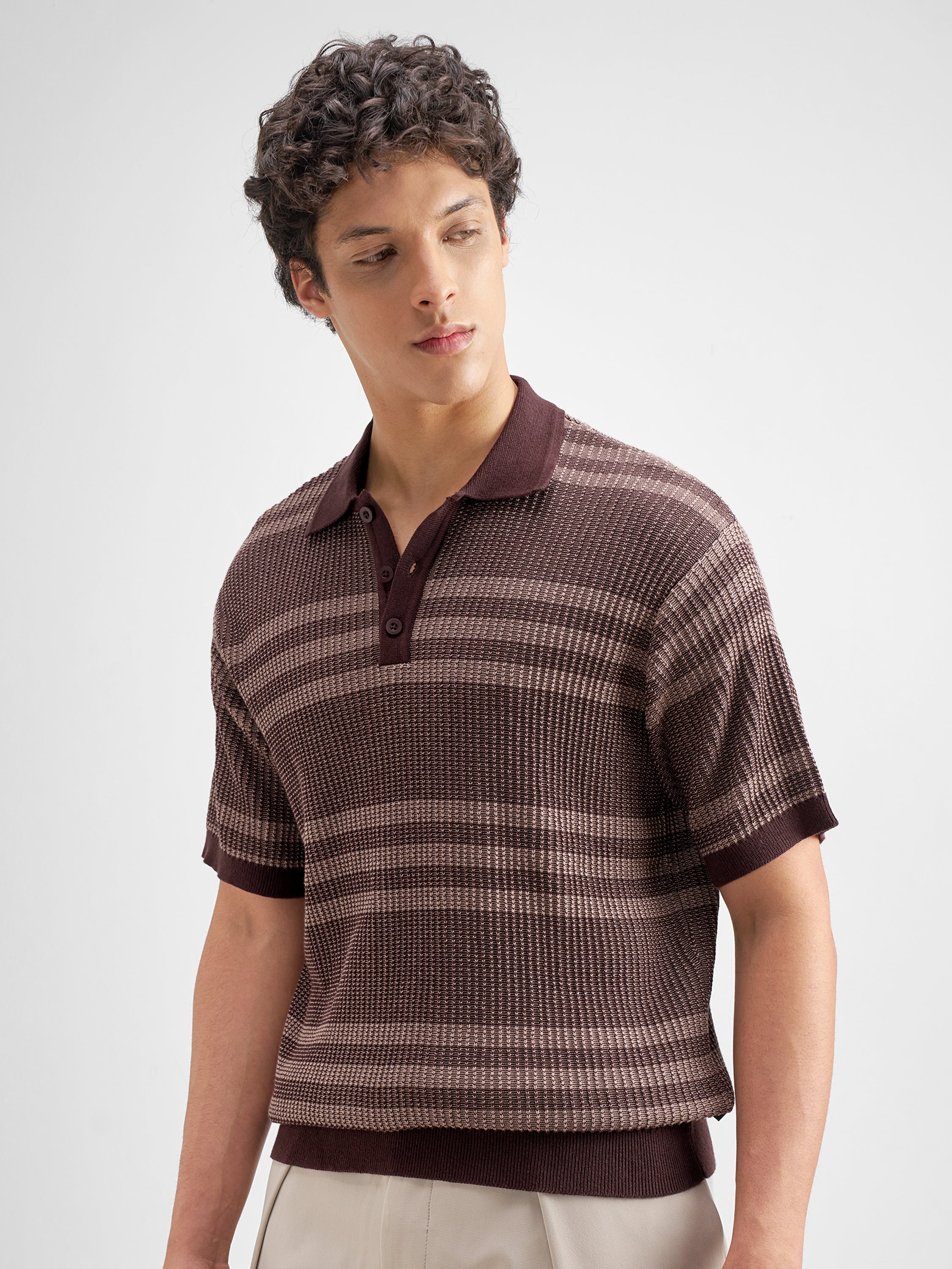 Highlander Men Brown Self Design Polo Collar T-Shirt - Brown - Image 4