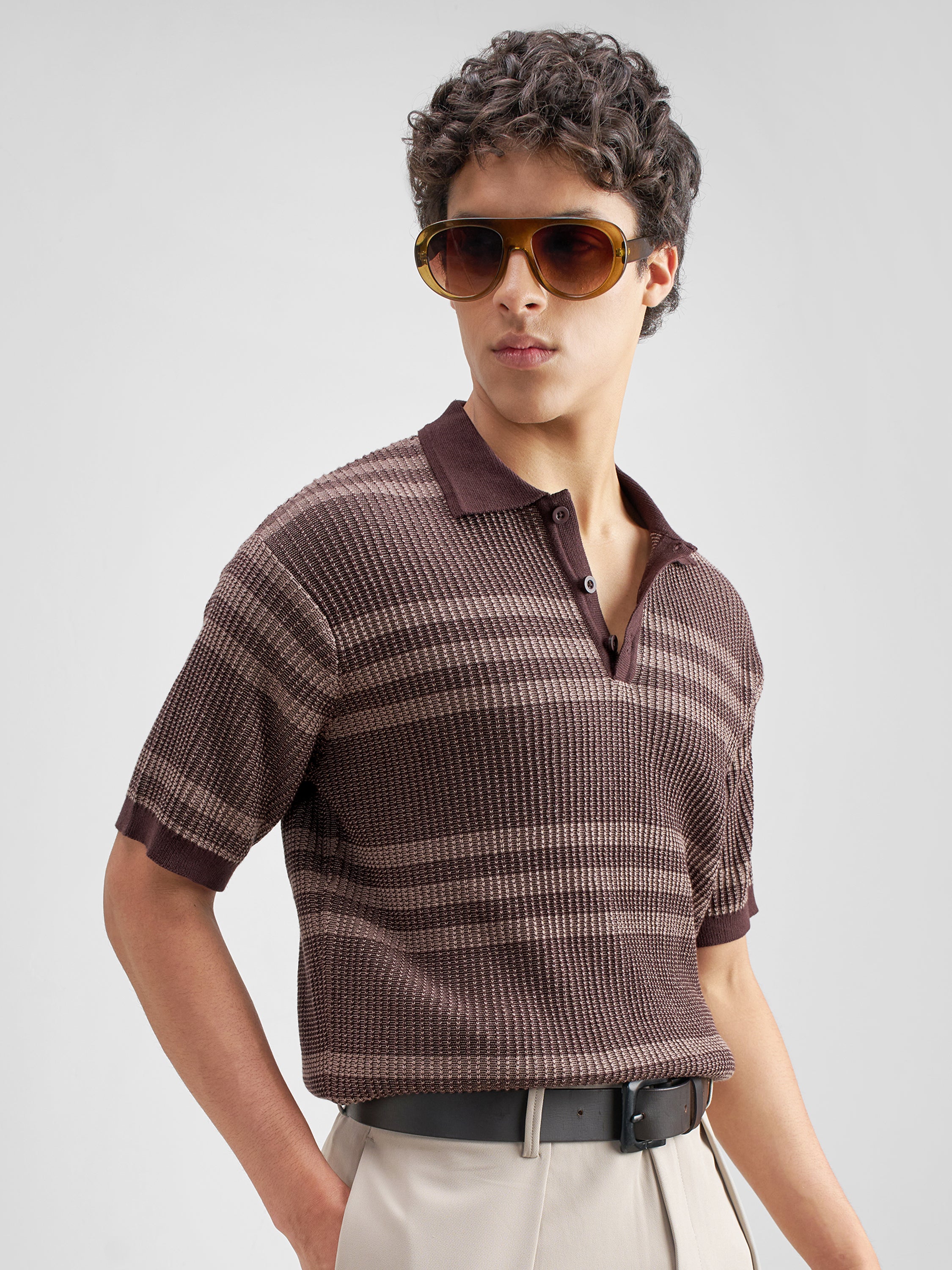Highlander Men Brown Self Design Polo Collar T-Shirt - Brown - Image 6
