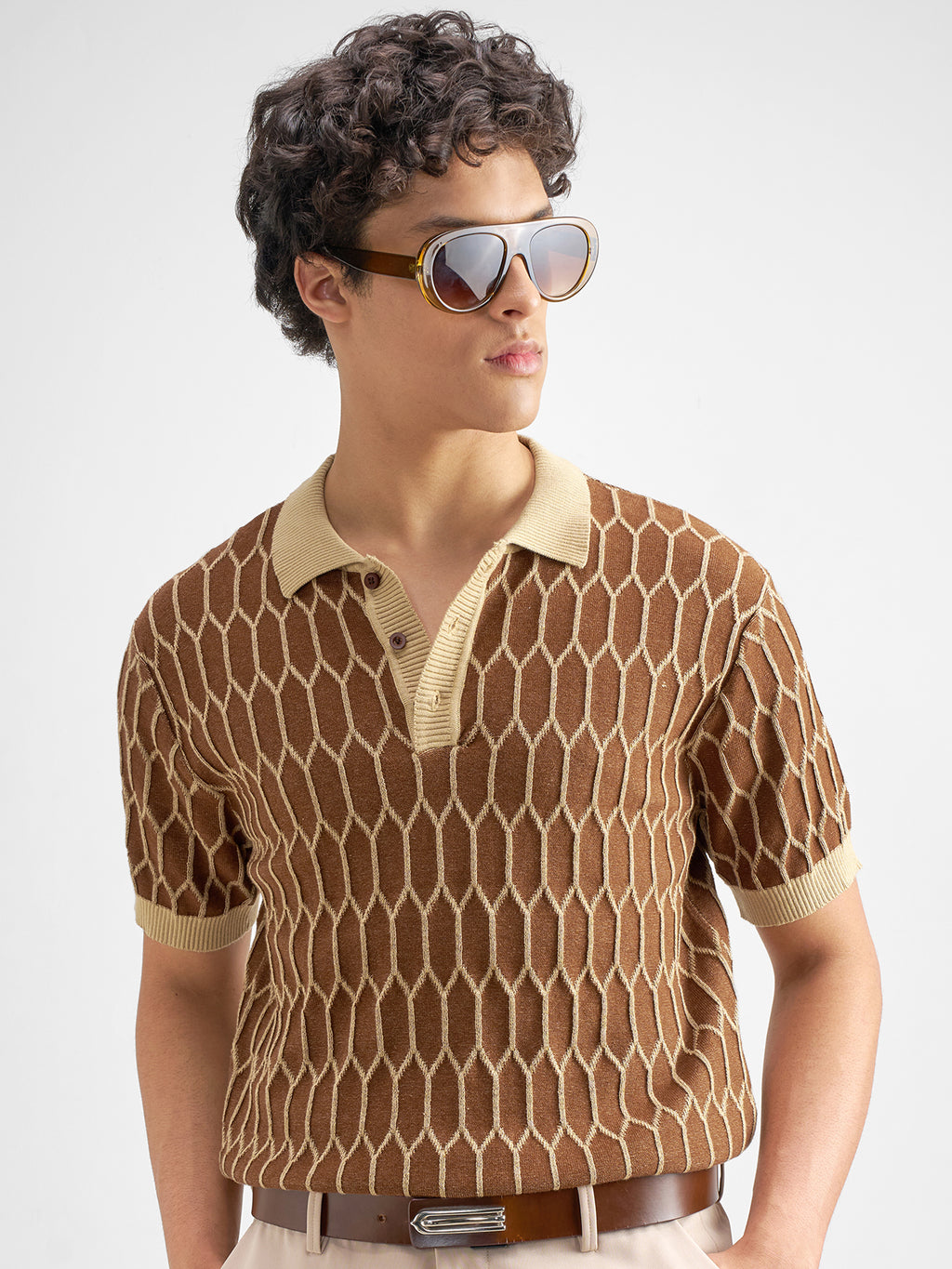 Highlander Men Brown Self Design Polo Collar T-Shirt - Brown - Image 1