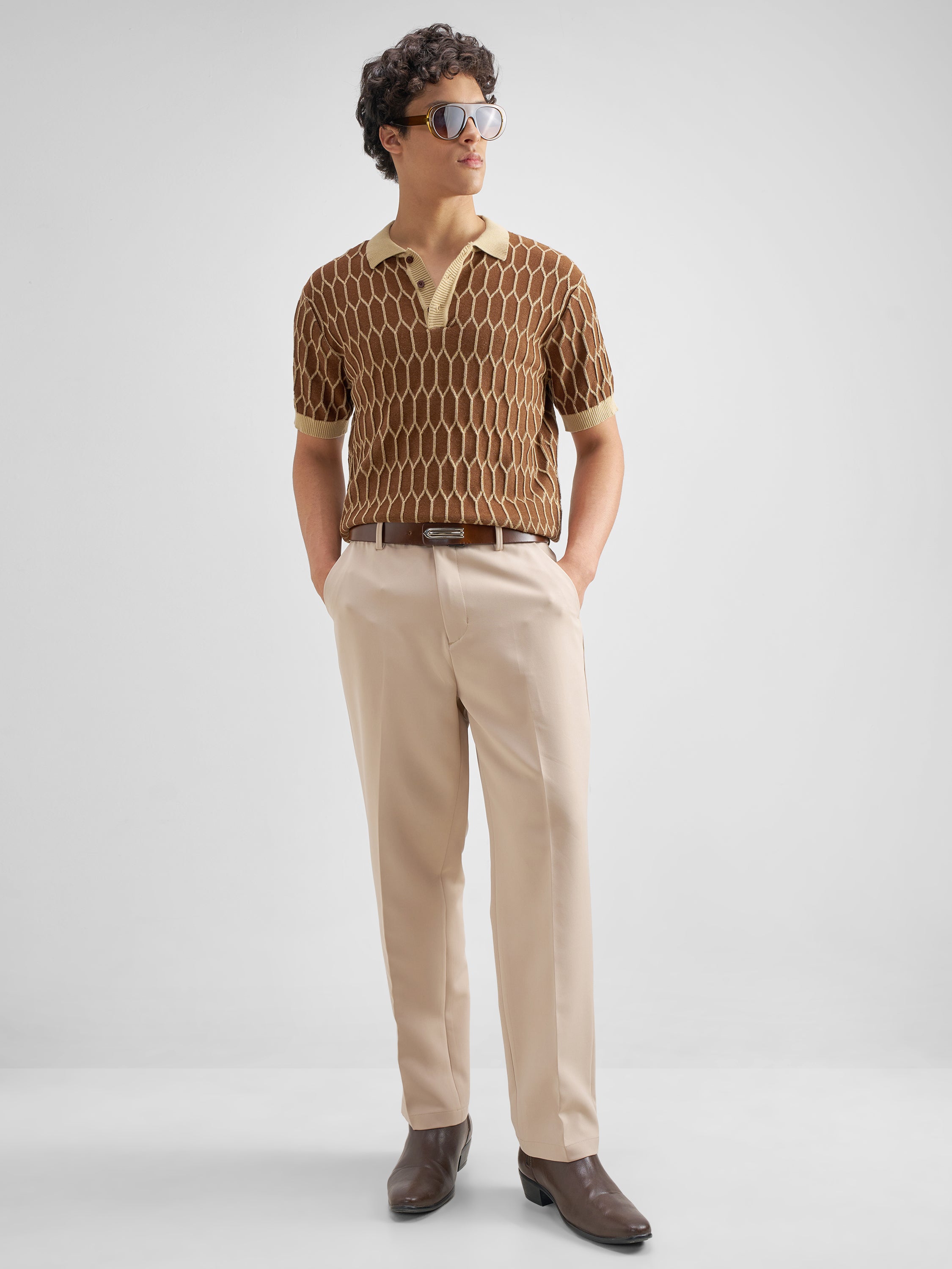 Highlander Men Brown Self Design Polo Collar T-Shirt - Brown - Image 2