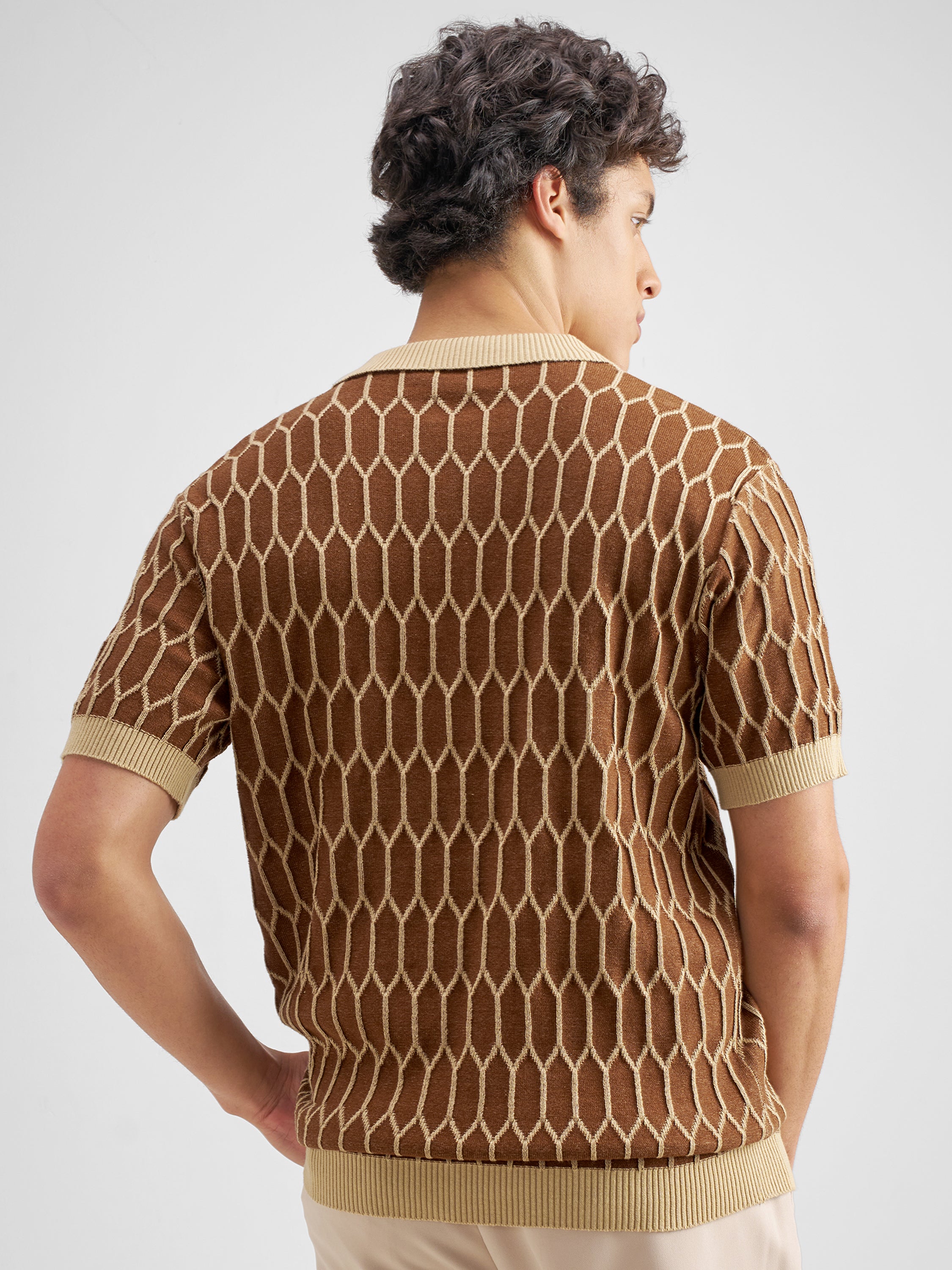Highlander Men Brown Self Design Polo Collar T-Shirt - Brown - Image 3
