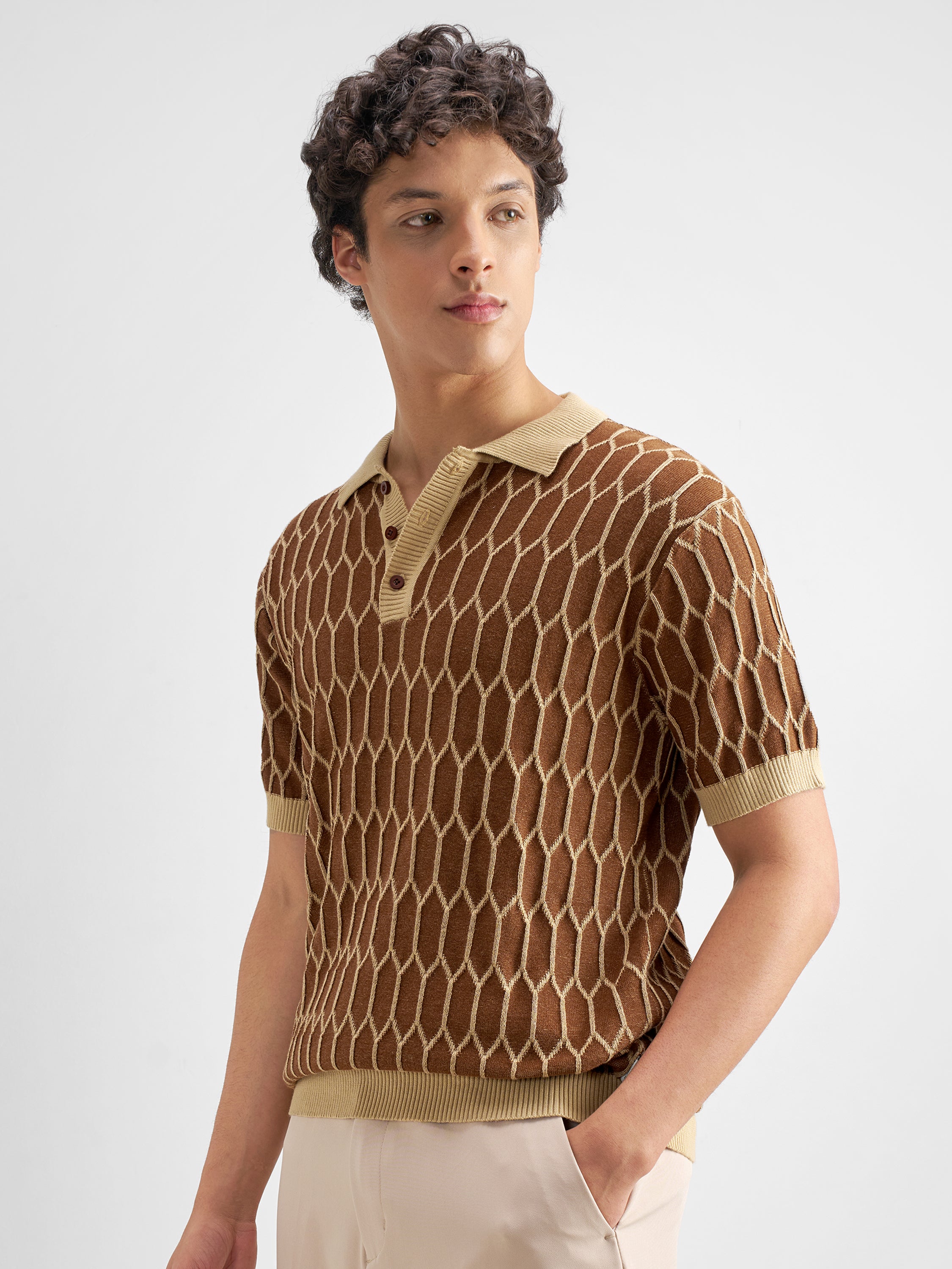 Highlander Men Brown Self Design Polo Collar T-Shirt - Brown - Image 4