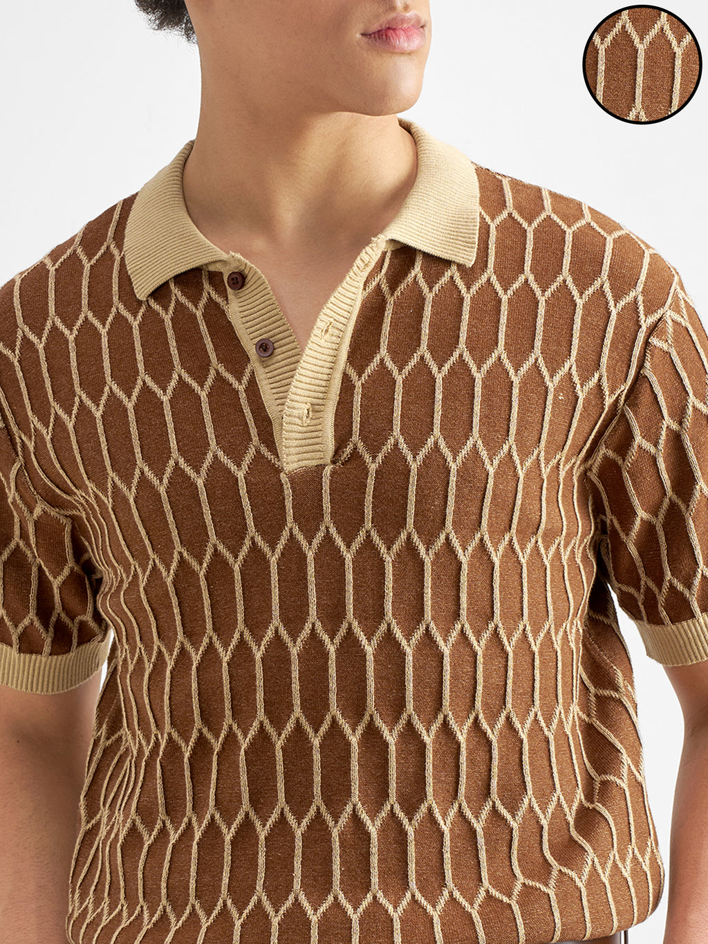 Highlander Men Brown Self Design Polo Collar T-Shirt - Brown - Image 5