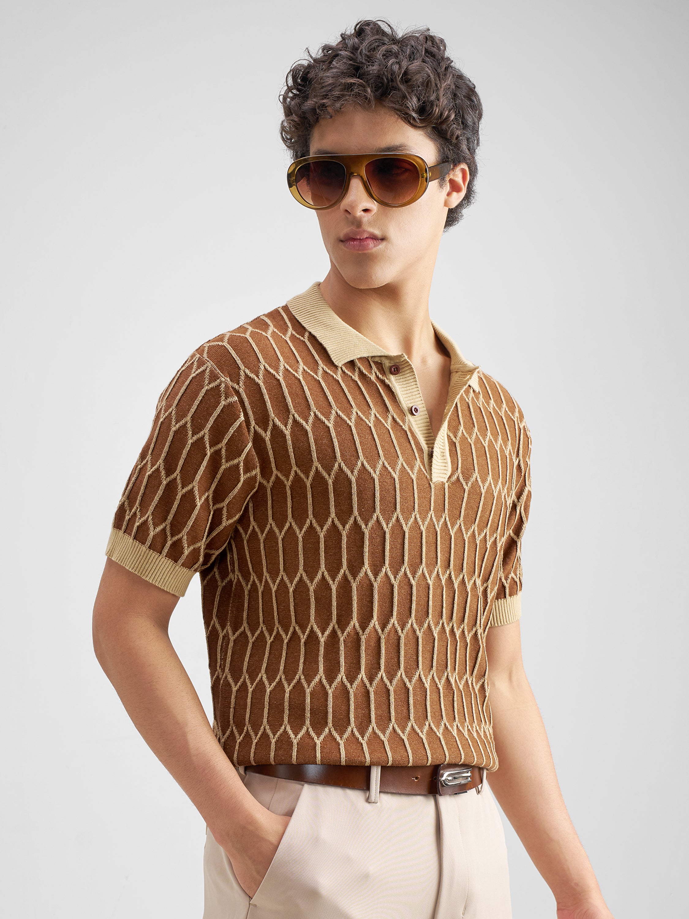 Highlander Men Brown Self Design Polo Collar T-Shirt - Brown - Image 6
