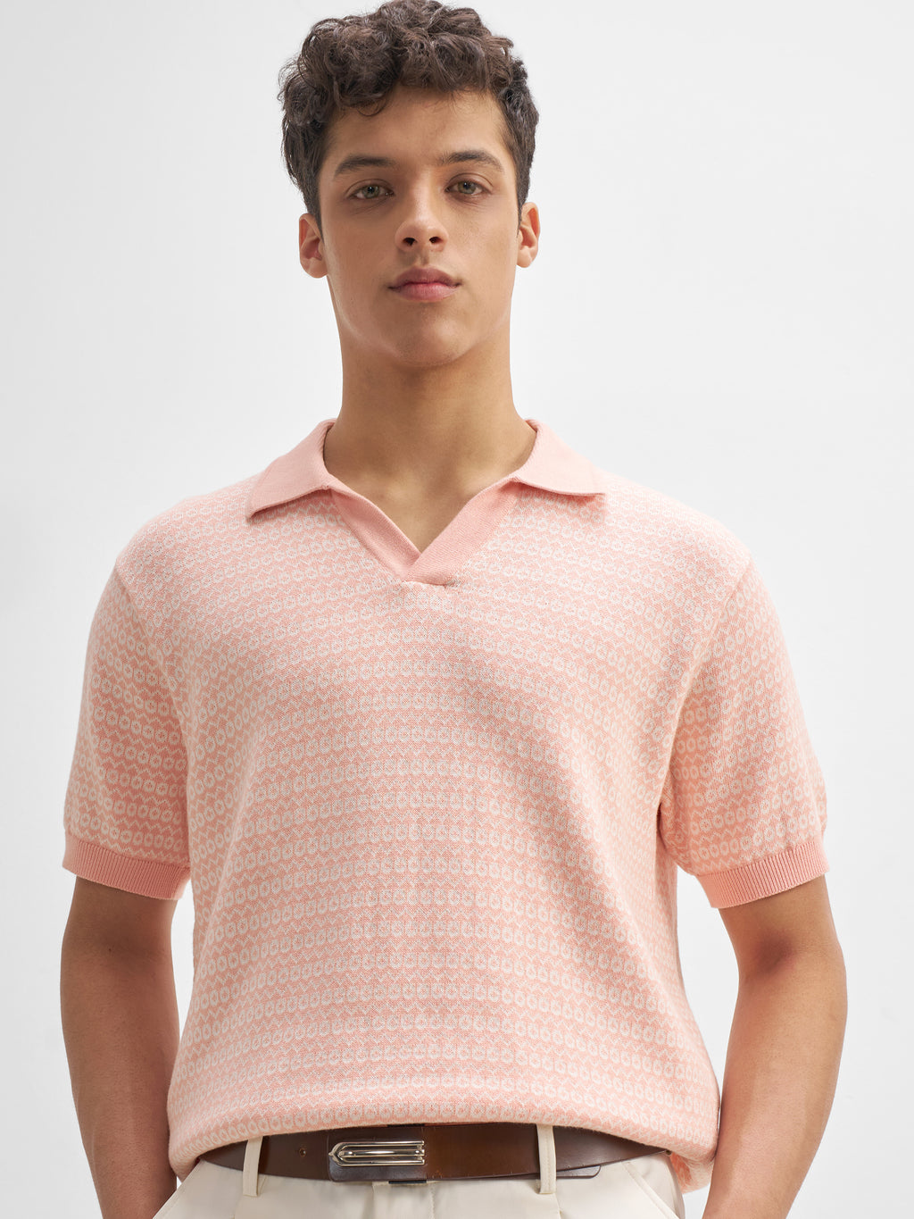 Highlander Men Pink Self Design Polo Collar T-Shirt - Pink - Image 1