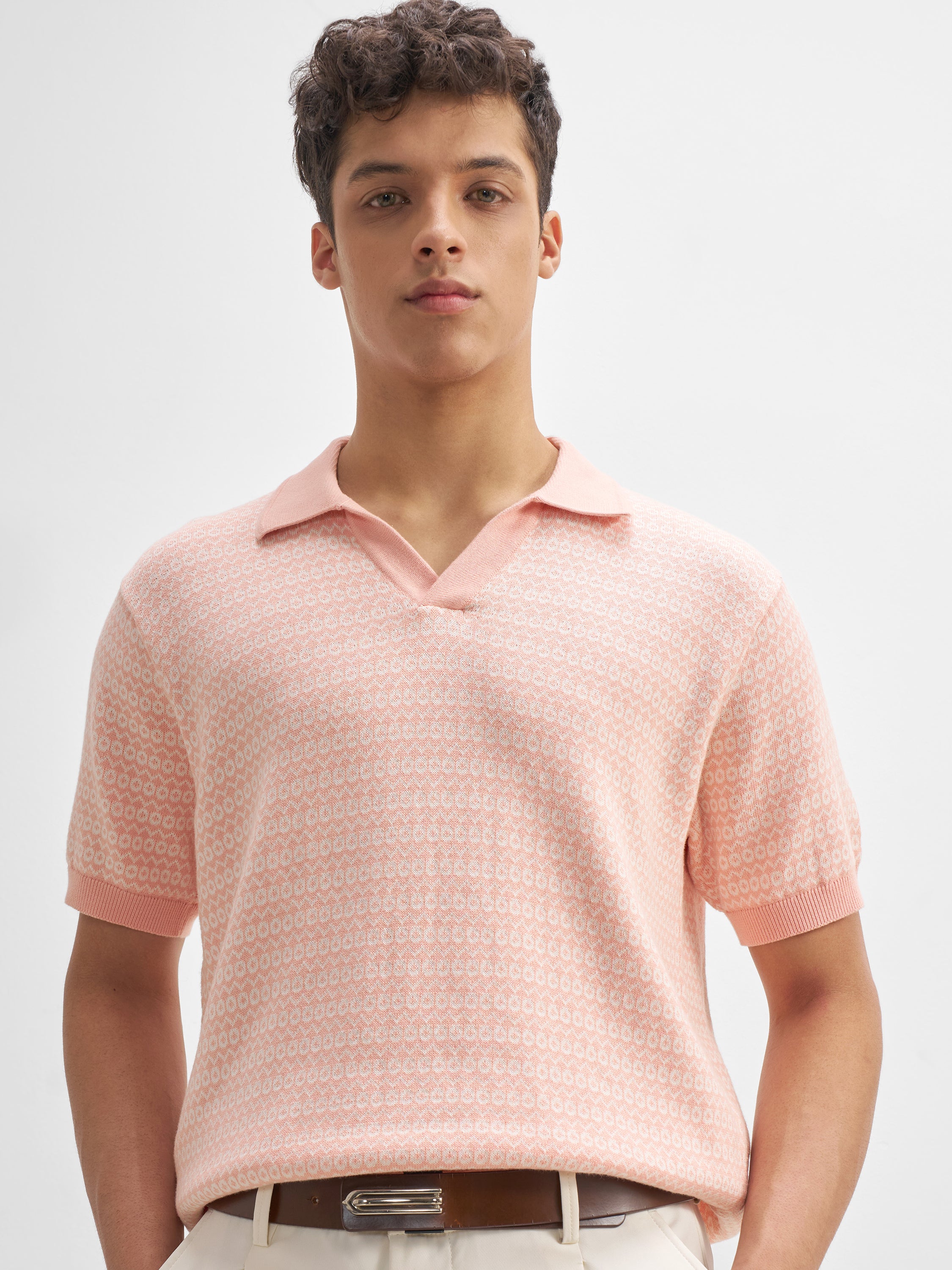 Highlander Men Pink Self Design Polo Collar T-Shirt - Pink - Image 1