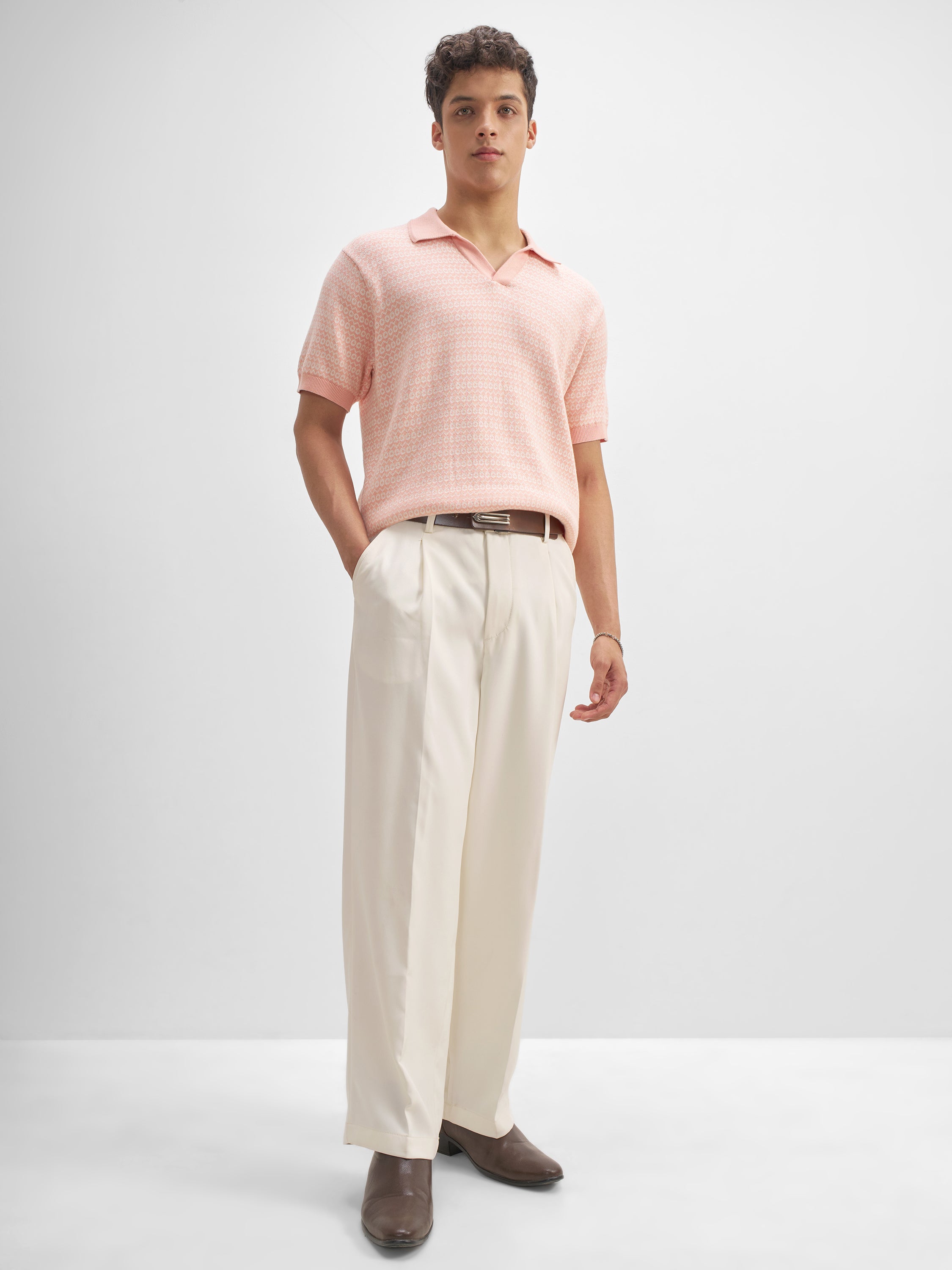 Highlander Men Pink Self Design Polo Collar T-Shirt - Pink - Image 2