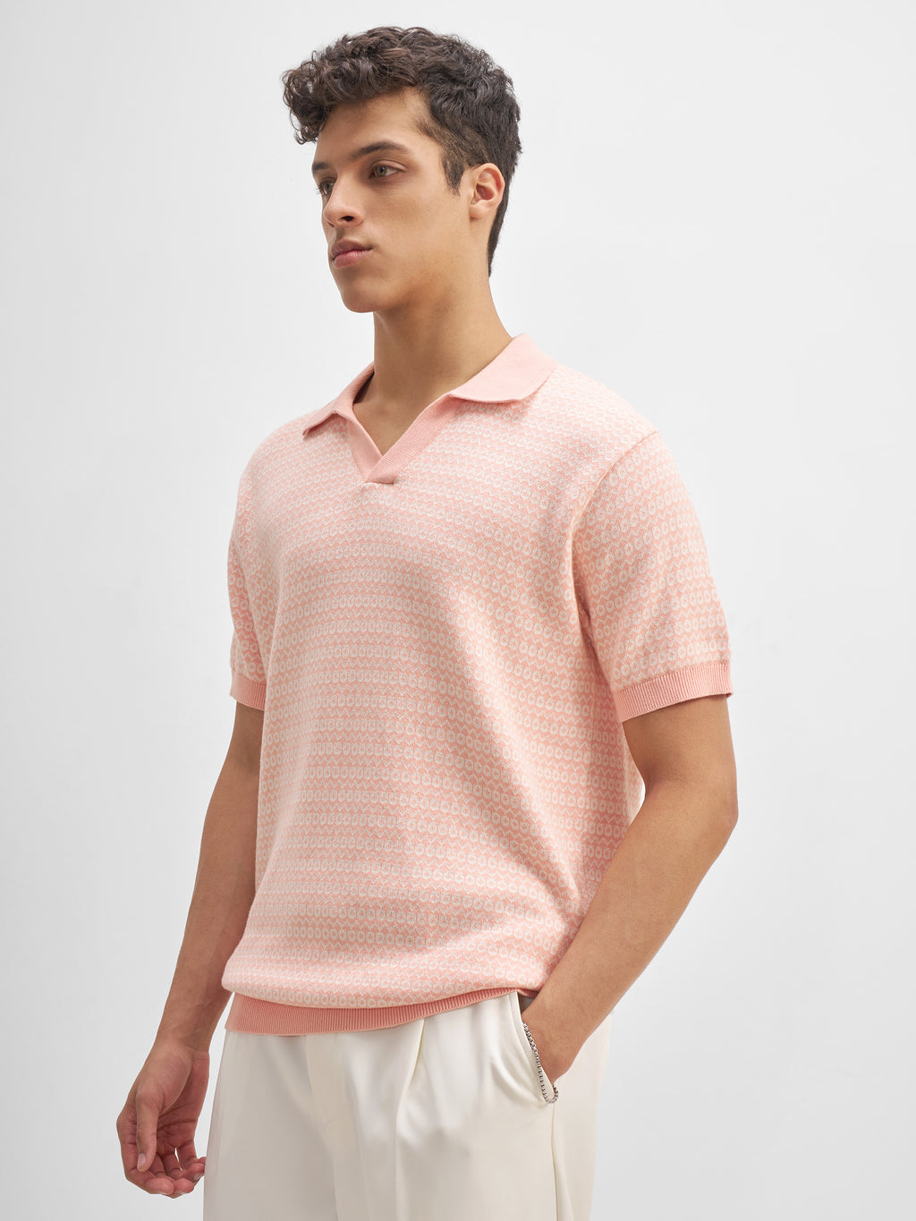 Highlander Men Pink Self Design Polo Collar T-Shirt - Pink - Image 4