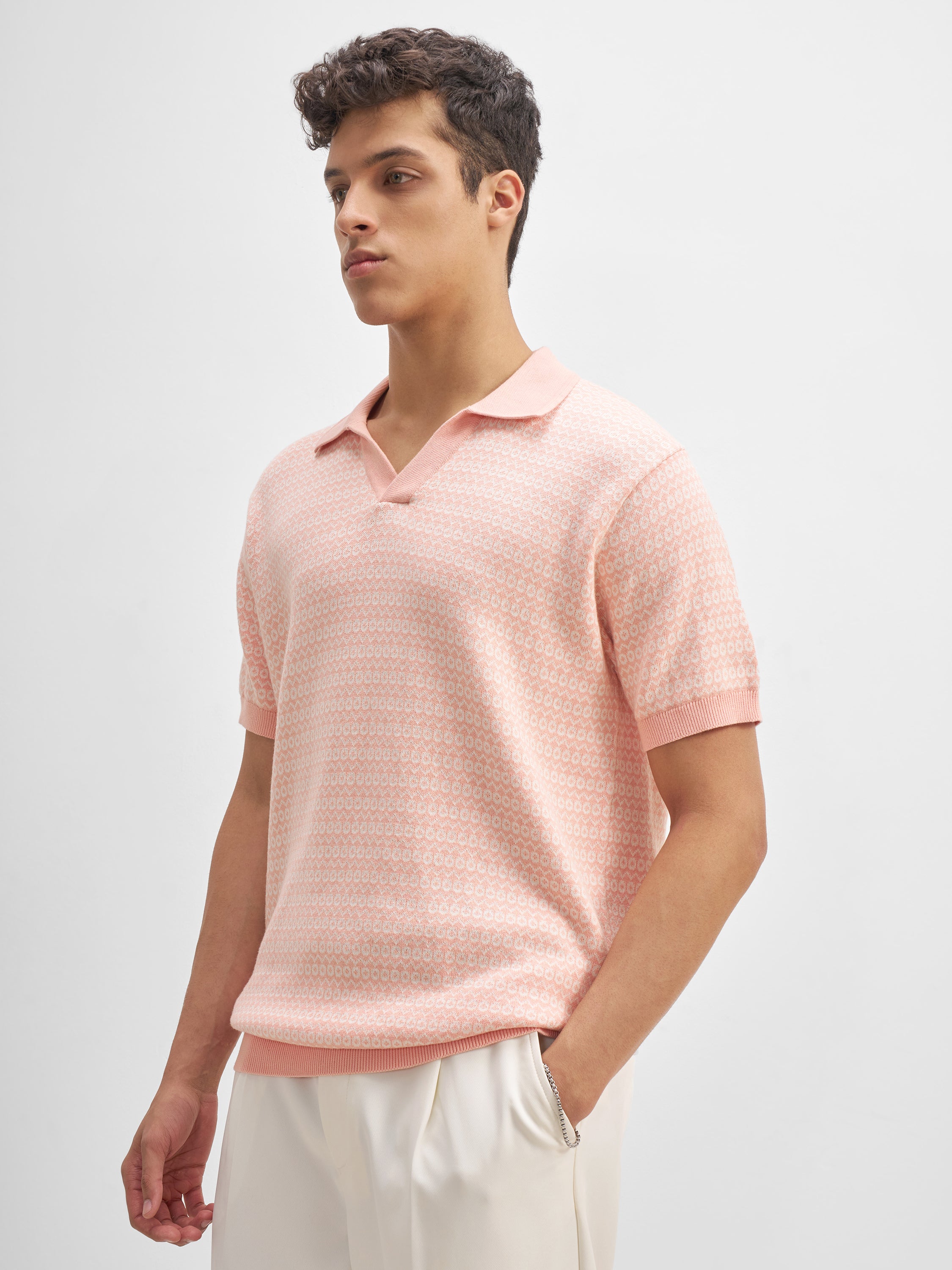 Highlander Men Pink Self Design Polo Collar T-Shirt - Pink - Image 4