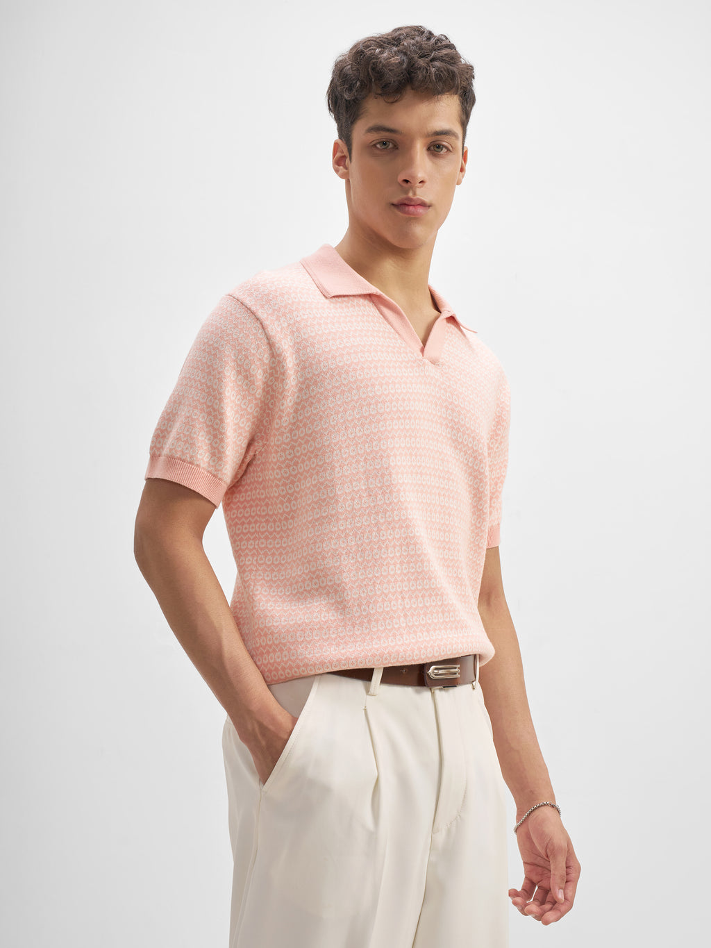 Highlander Men Pink Self Design Polo Collar T-Shirt - Pink - Image 6
