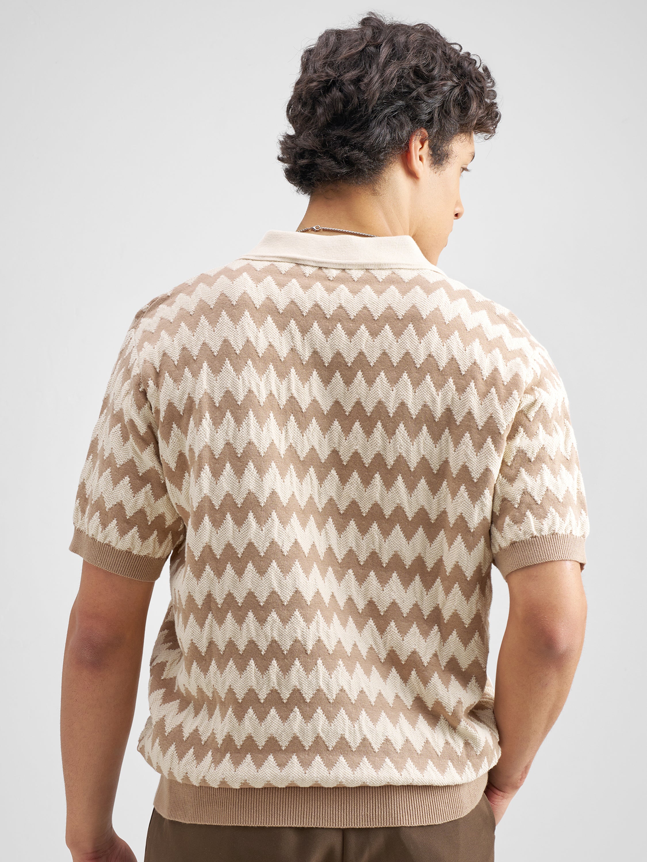 Highlander Men Beige Self Design Polo Collar T-Shirt - Beige - Image 3