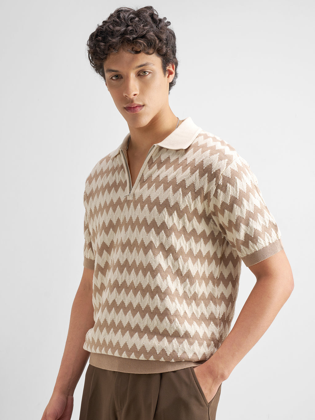 Highlander Men Beige Self Design Polo Collar T-Shirt - Beige - Image 4