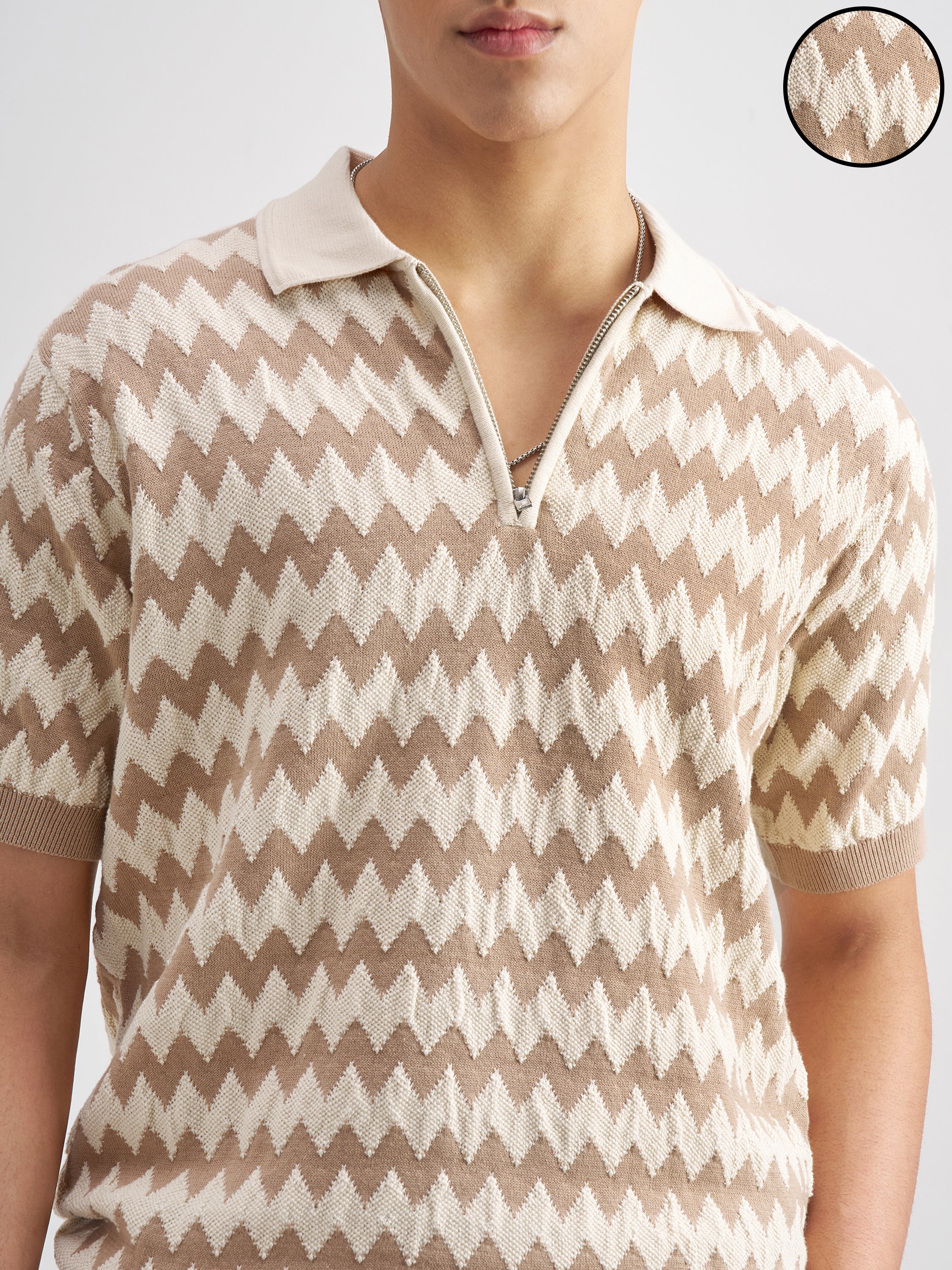 Highlander Men Beige Self Design Polo Collar T-Shirt - Beige - Image 5