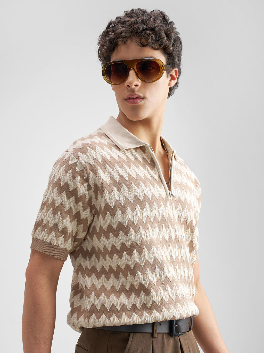 Highlander Men Beige Self Design Polo Collar T-Shirt - Beige - Image 6