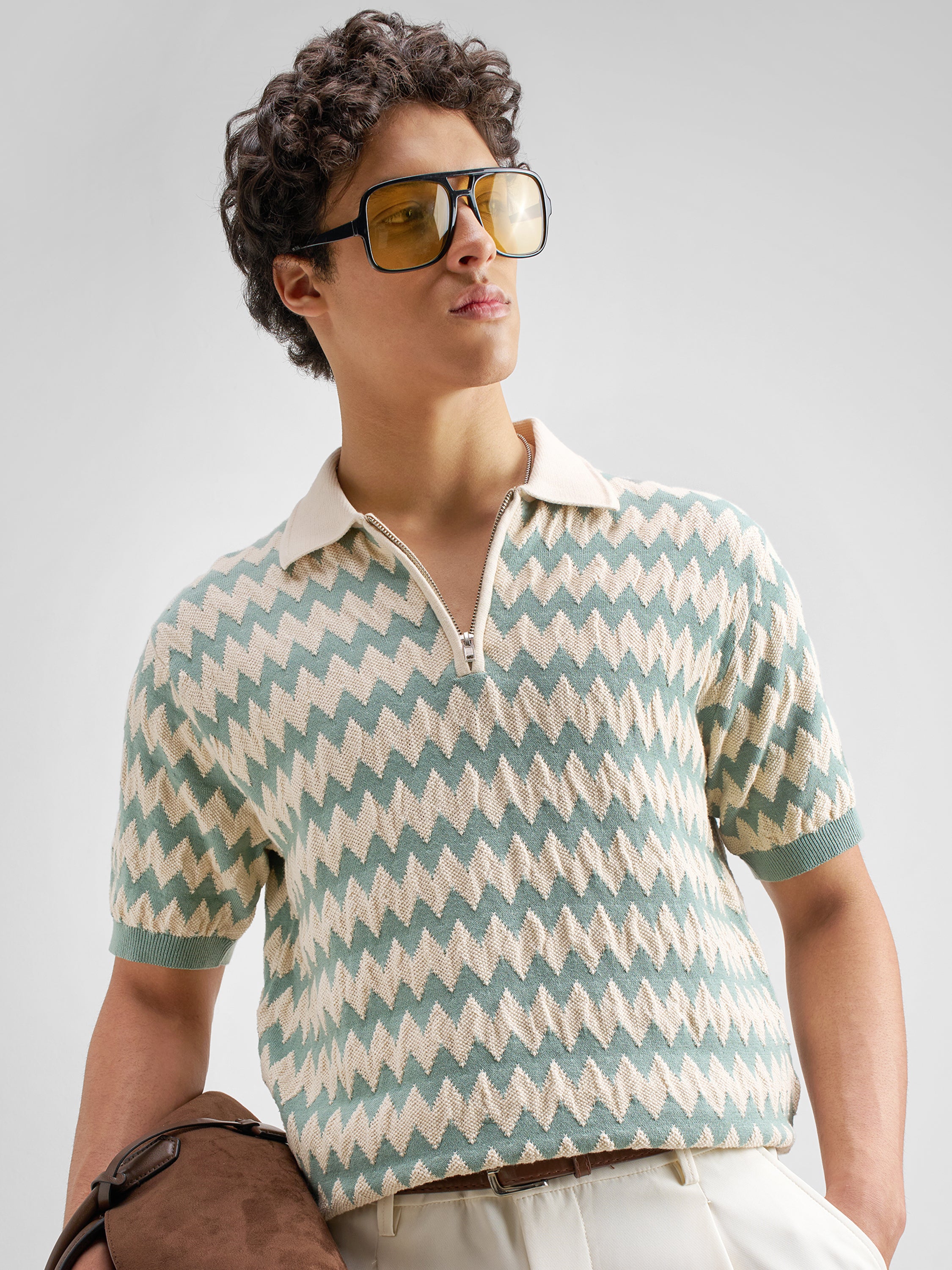 Highlander Men Green Self Design Polo Collar T-Shirt - Green - Image 1