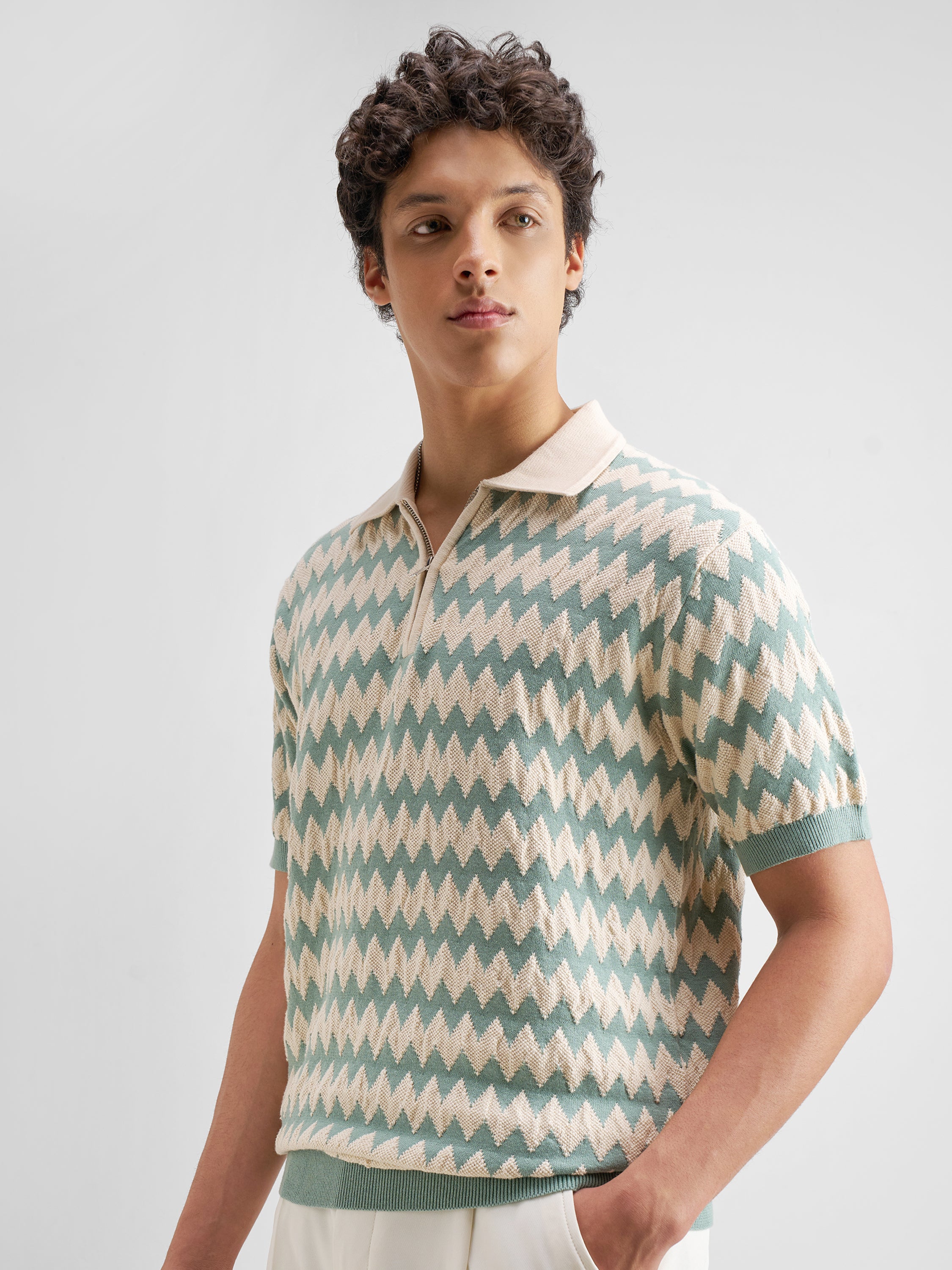 Highlander Men Green Self Design Polo Collar T-Shirt - Green - Image 4