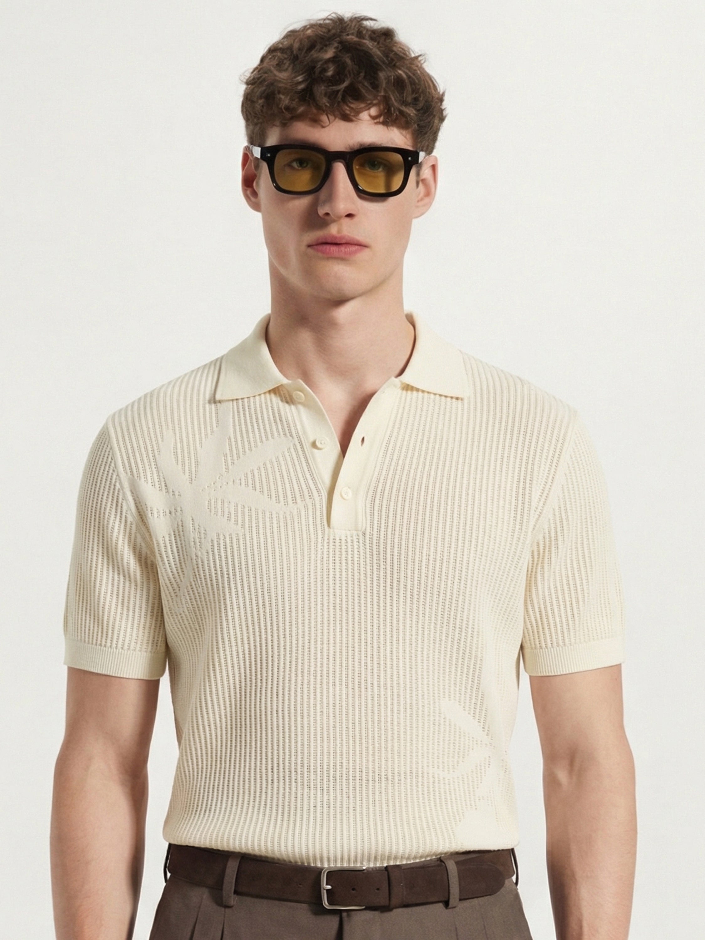 Highlander Men Cream Self Design Polo Collar T-Shirt - Cream - Image 1