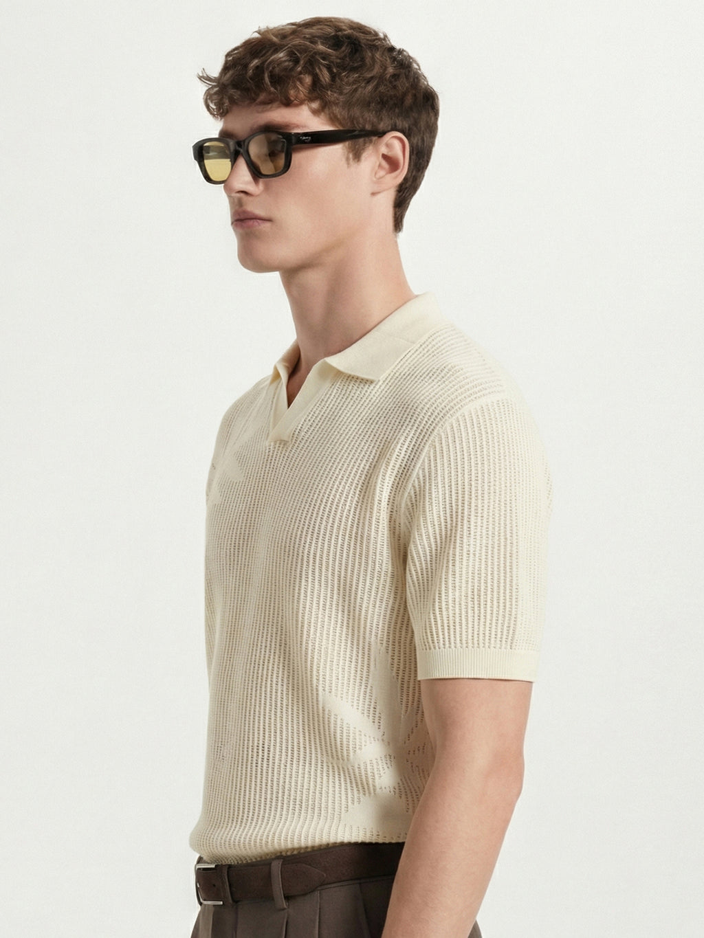 Highlander Men Cream Self Design Polo Collar T-Shirt - Cream - Image 4