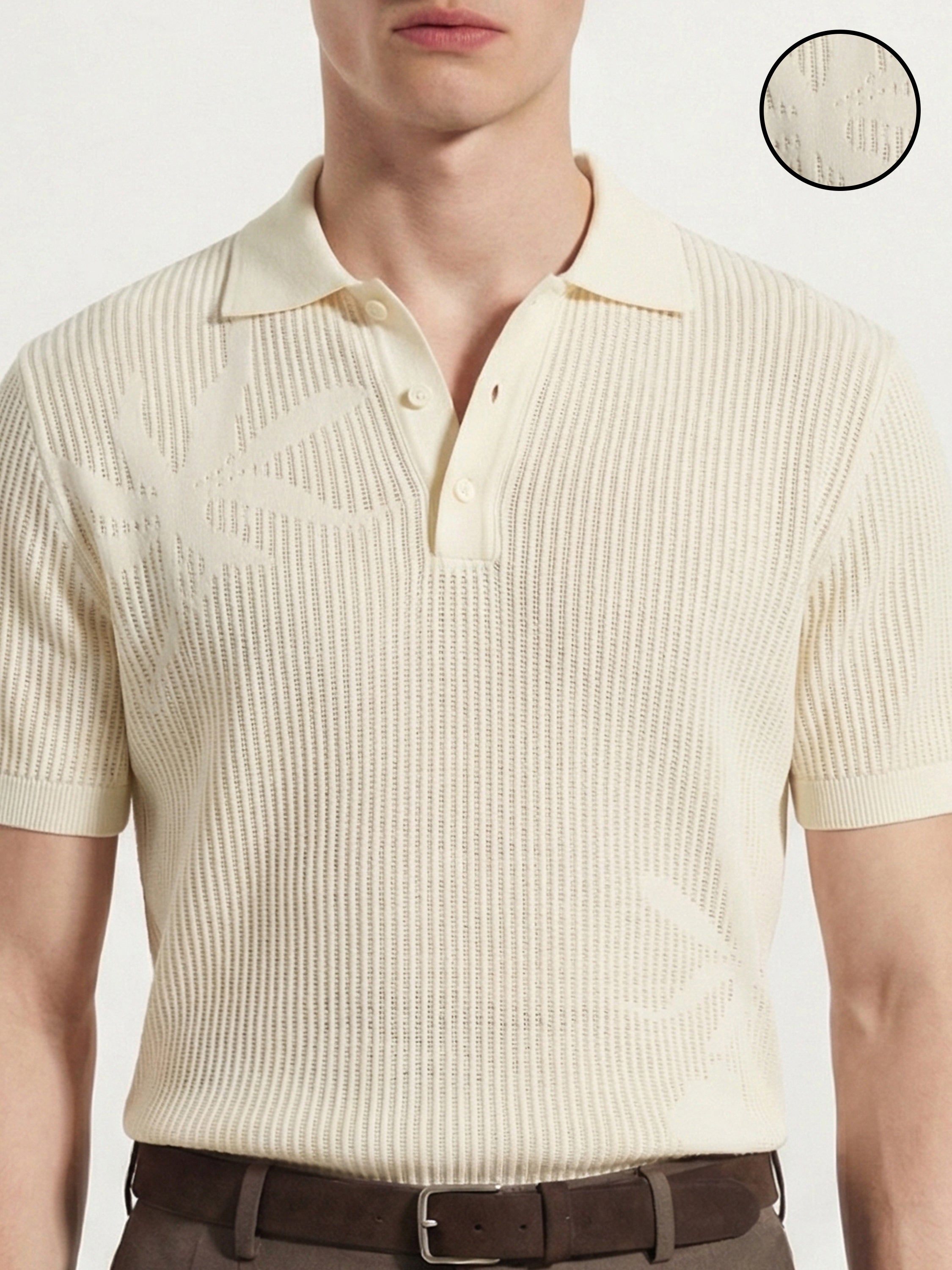 Highlander Men Cream Self Design Polo Collar T-Shirt - Cream - Image 6