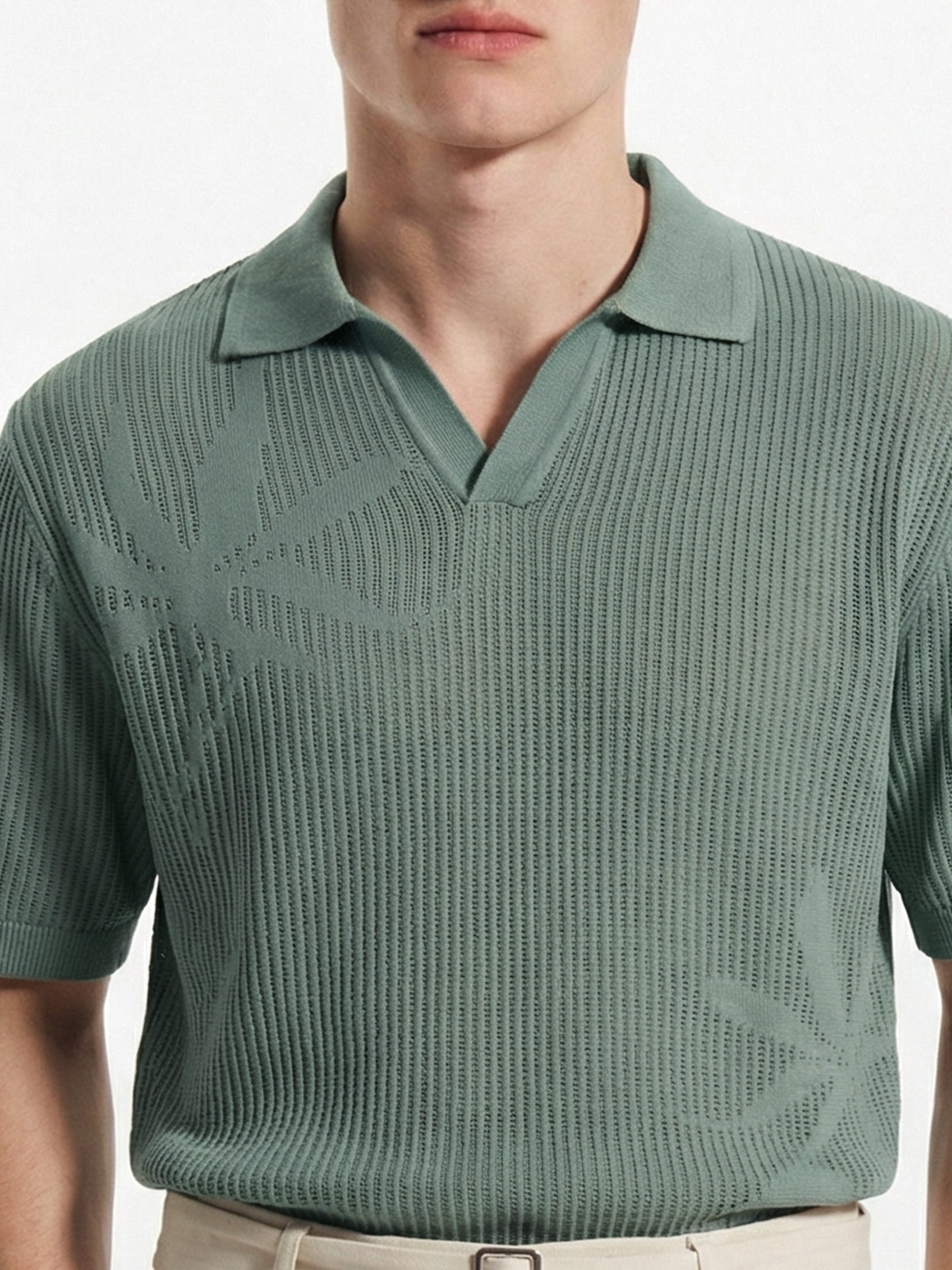 Highlander Men Green Self Design Polo Collar T-Shirt - Green - Image 6