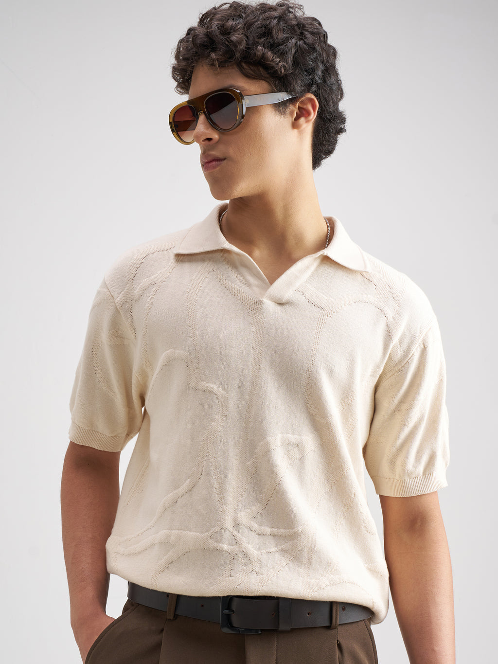 Highlander Men Cream Self Design Polo Collar T-Shirt - Cream - Image 1