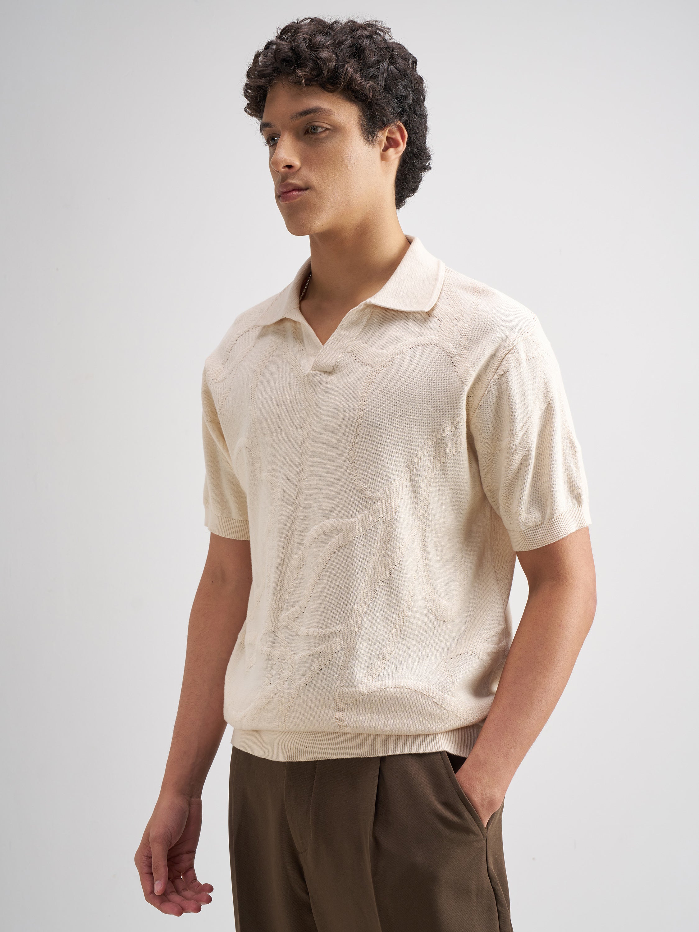 Highlander Men Cream Self Design Polo Collar T-Shirt - Cream - Image 4