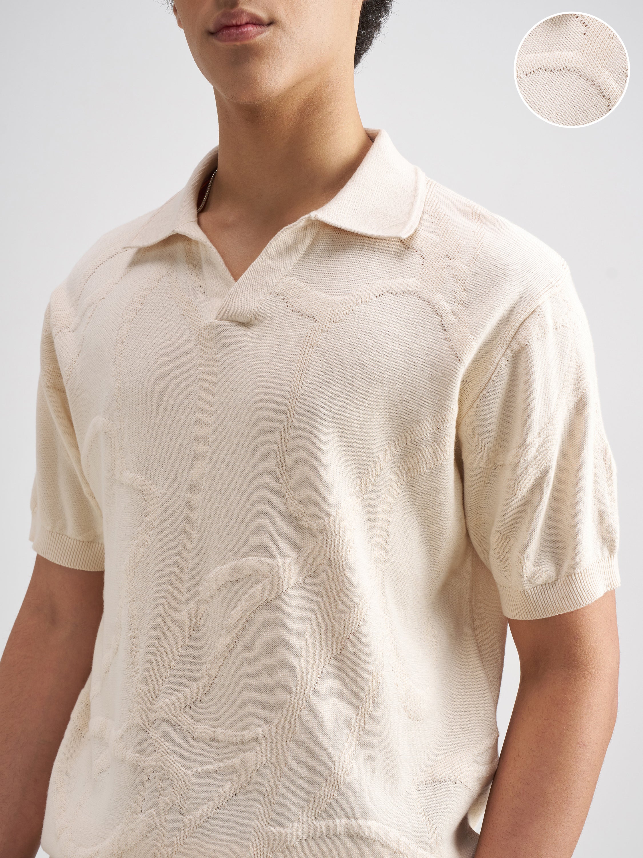 Highlander Men Cream Self Design Polo Collar T-Shirt - Cream - Image 5