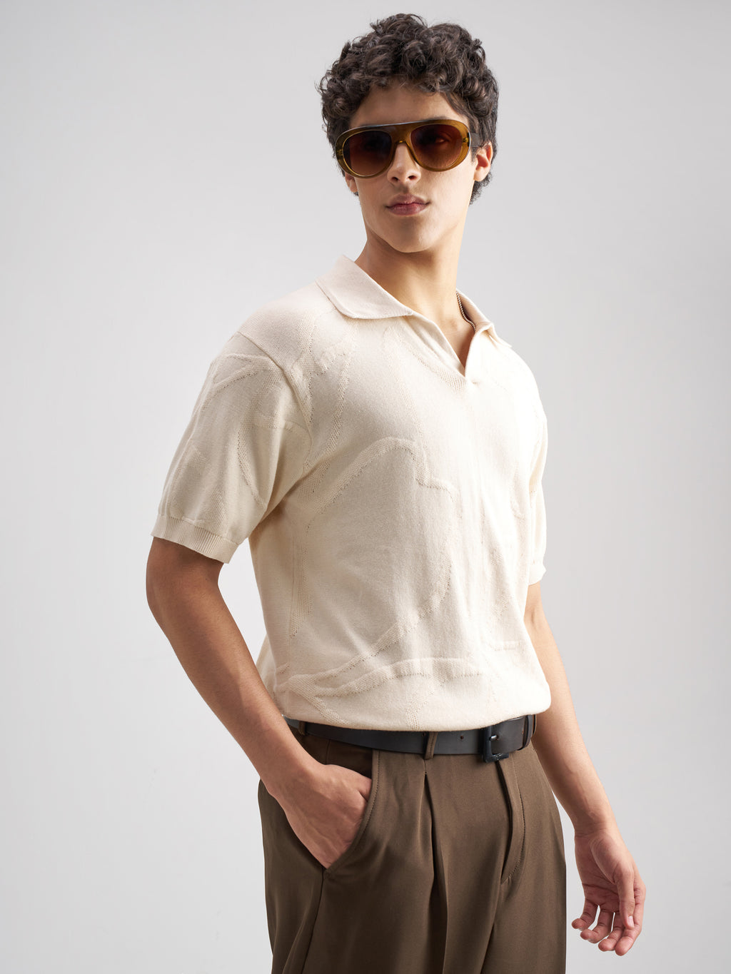 Highlander Men Cream Self Design Polo Collar T-Shirt - Cream - Image 6