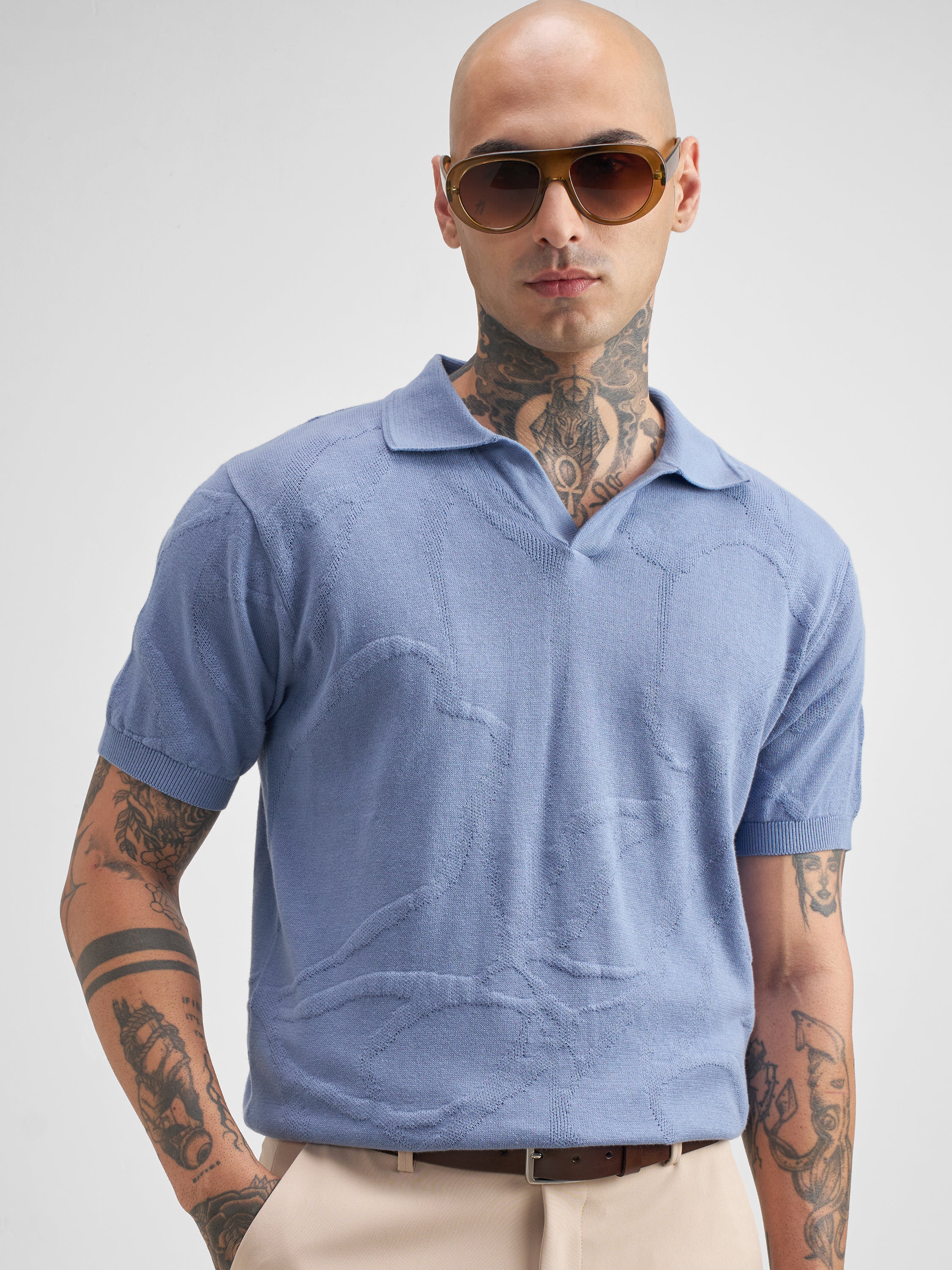 Highlander Men Blue Self Design Polo Collar T-Shirt - Blue - Image 1