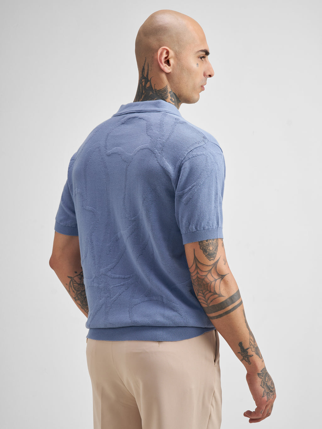 Highlander Men Blue Self Design Polo Collar T-Shirt - Blue - Image 3