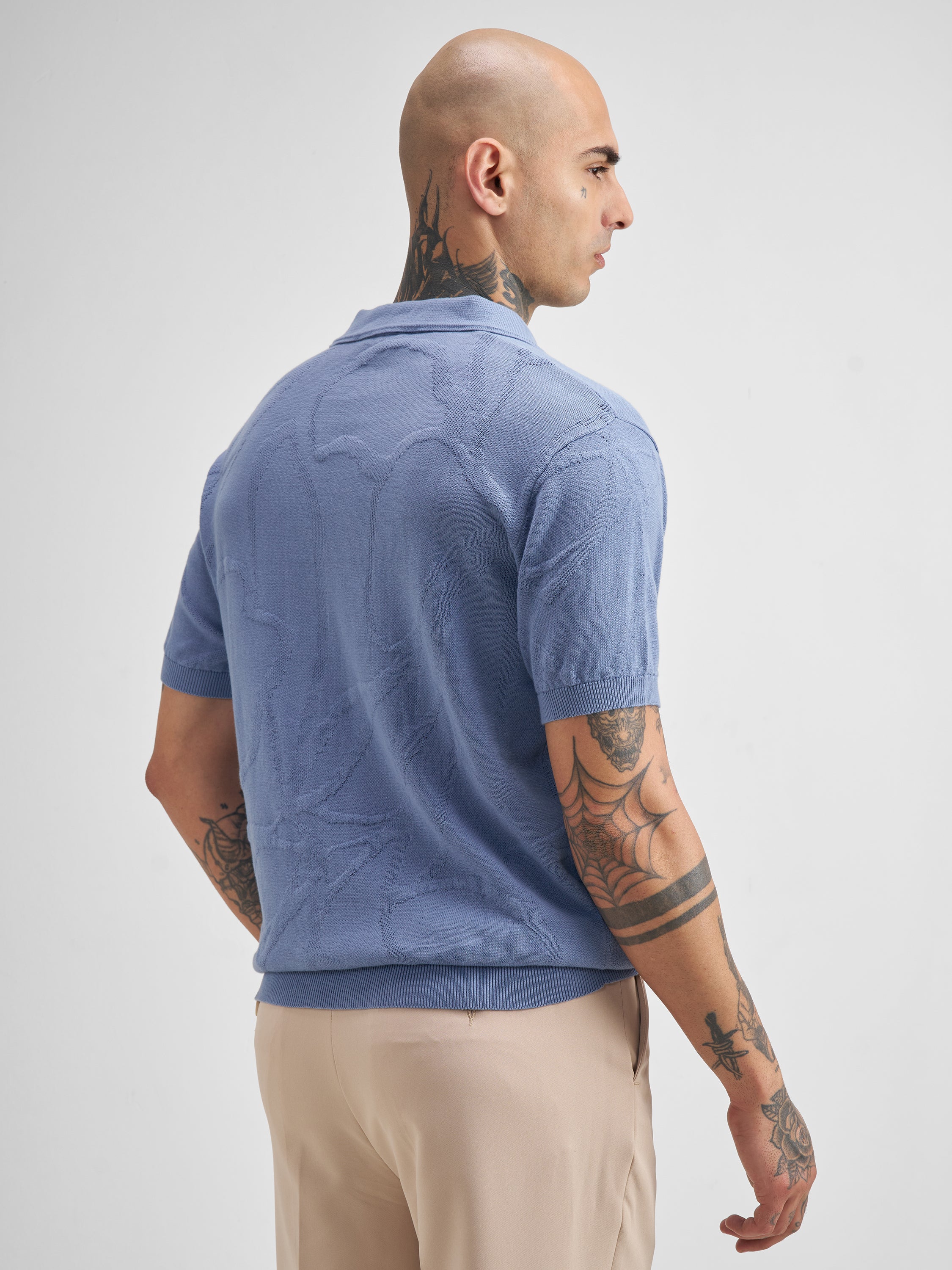 Highlander Men Blue Self Design Polo Collar T-Shirt - Blue - Image 3