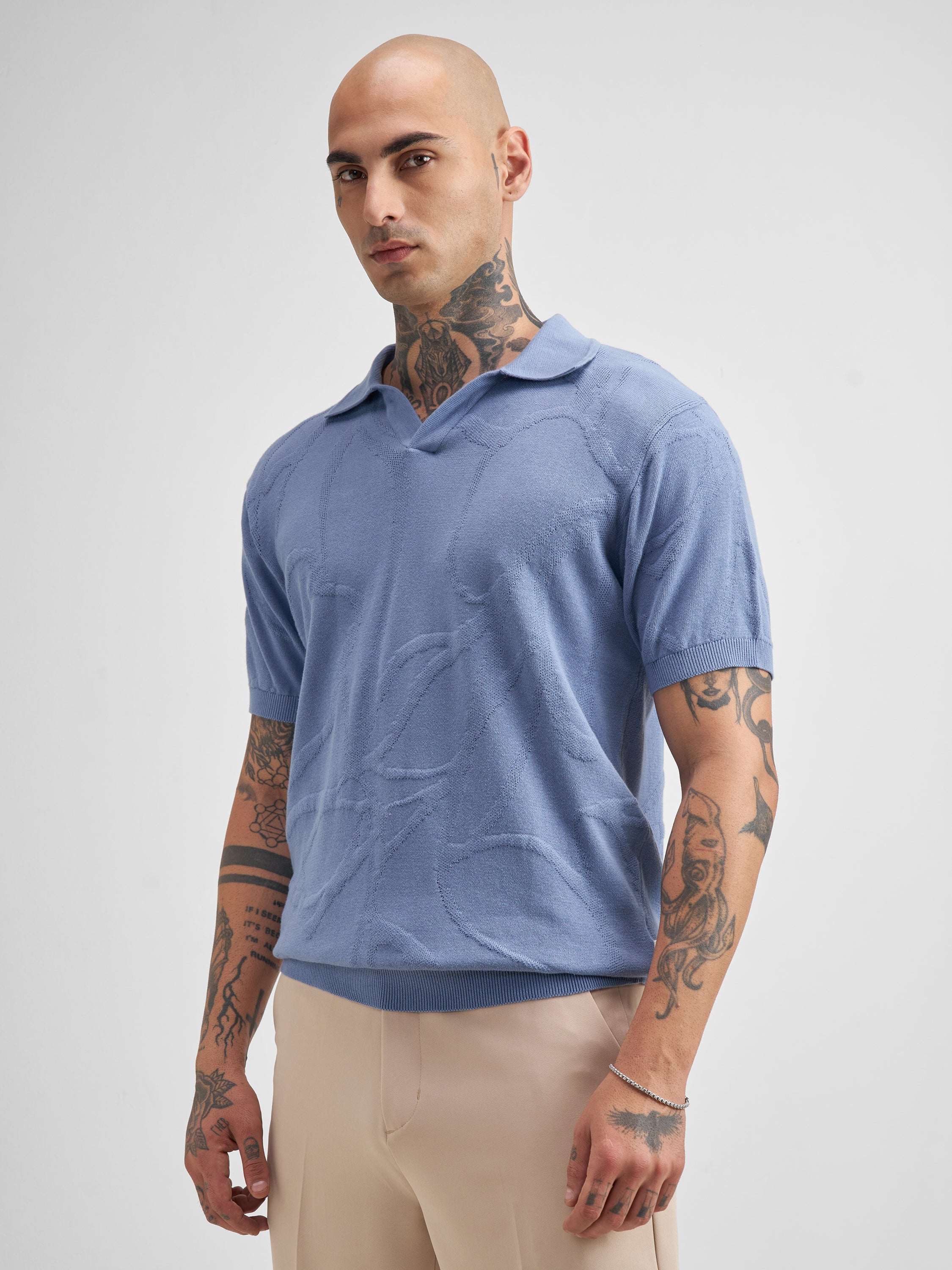 Highlander Men Blue Self Design Polo Collar T-Shirt - Blue - Image 4