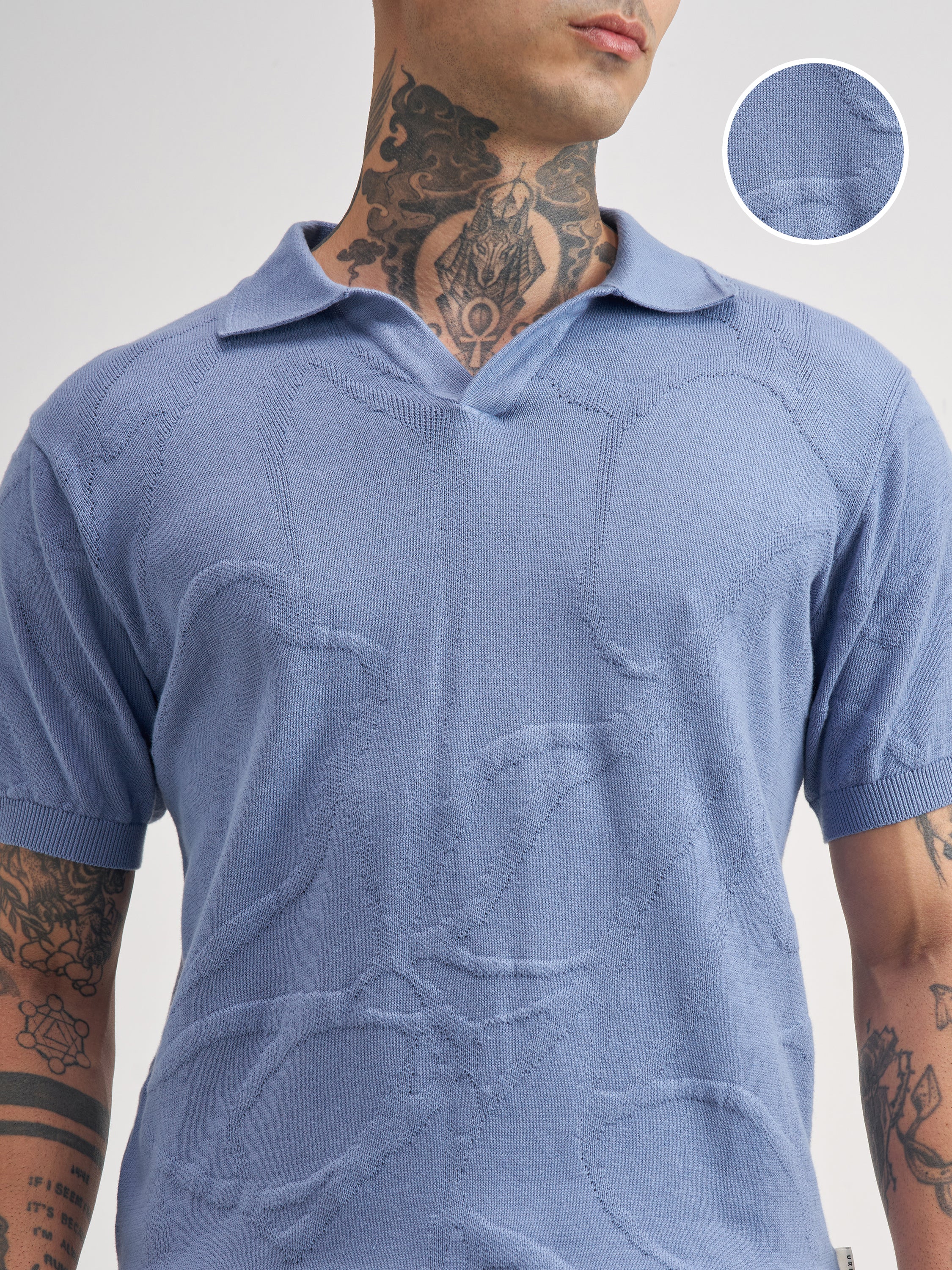 Highlander Men Blue Self Design Polo Collar T-Shirt - Blue - Image 5
