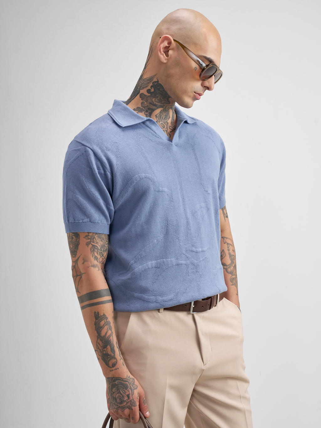 Highlander Men Blue Self Design Polo Collar T-Shirt - Blue - Image 6