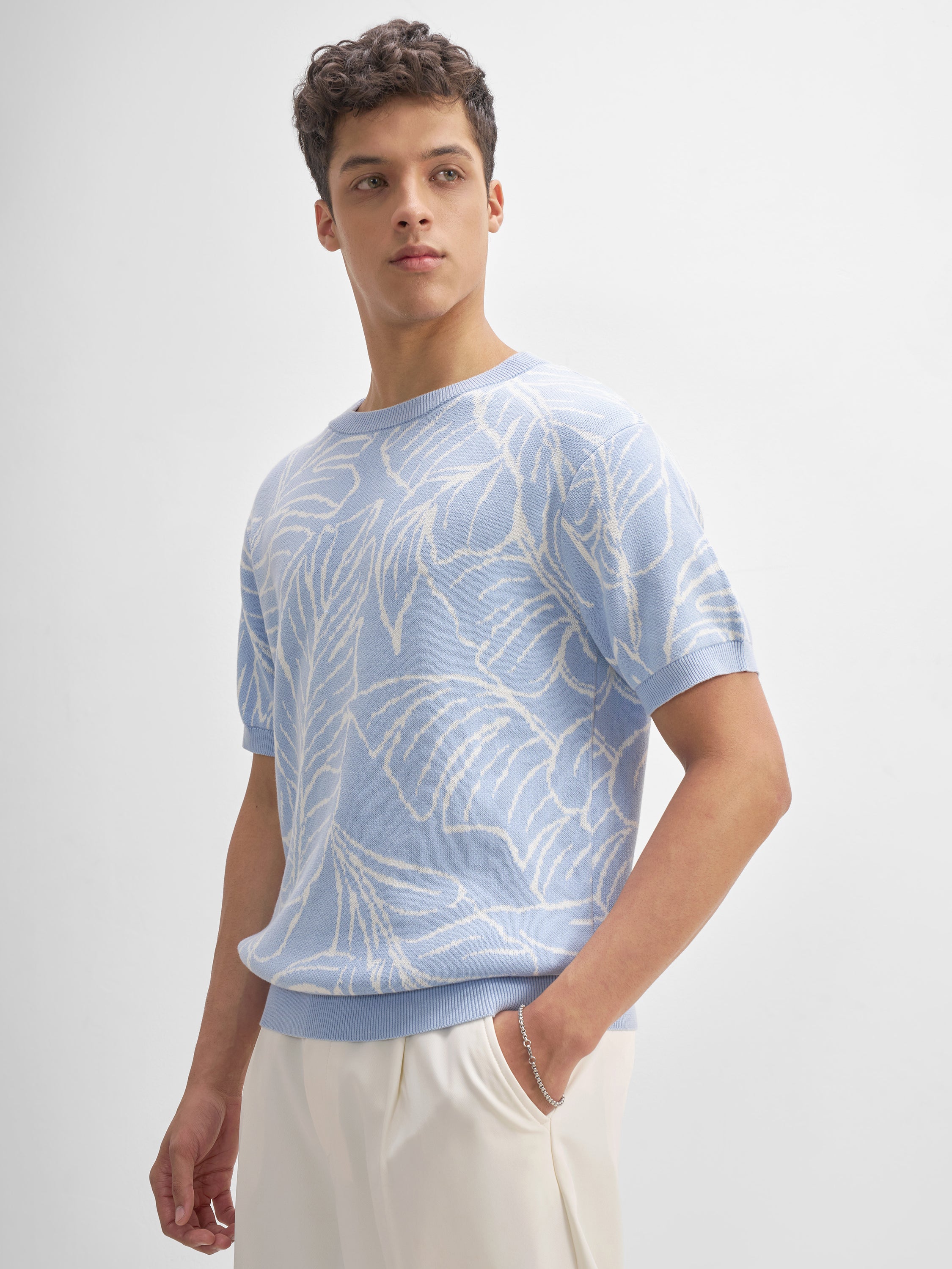 Highlander Men Blue Self Design Round Neck T-Shirt - Blue - Image 4