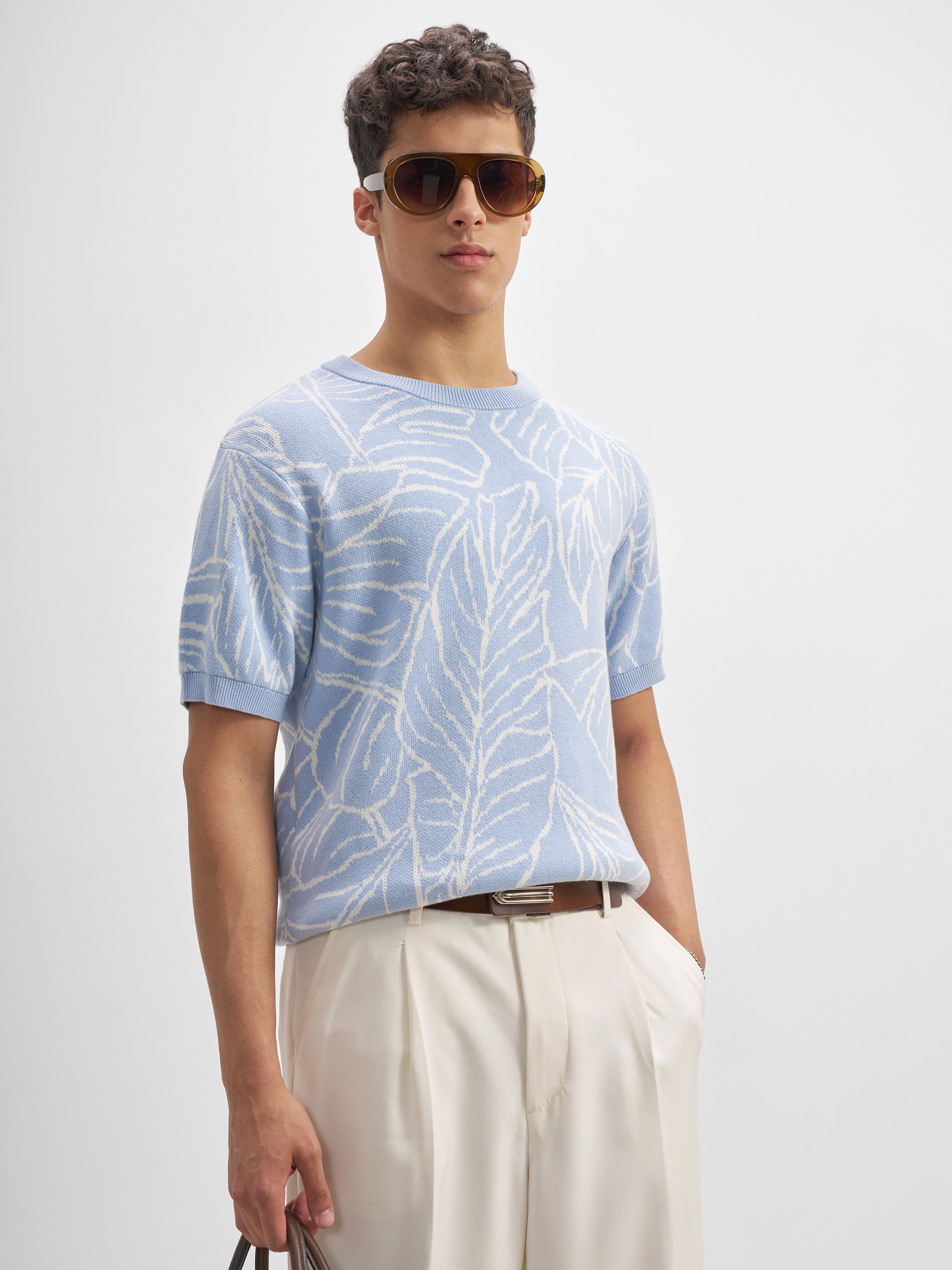 Highlander Men Blue Self Design Round Neck T-Shirt - Blue - Image 6