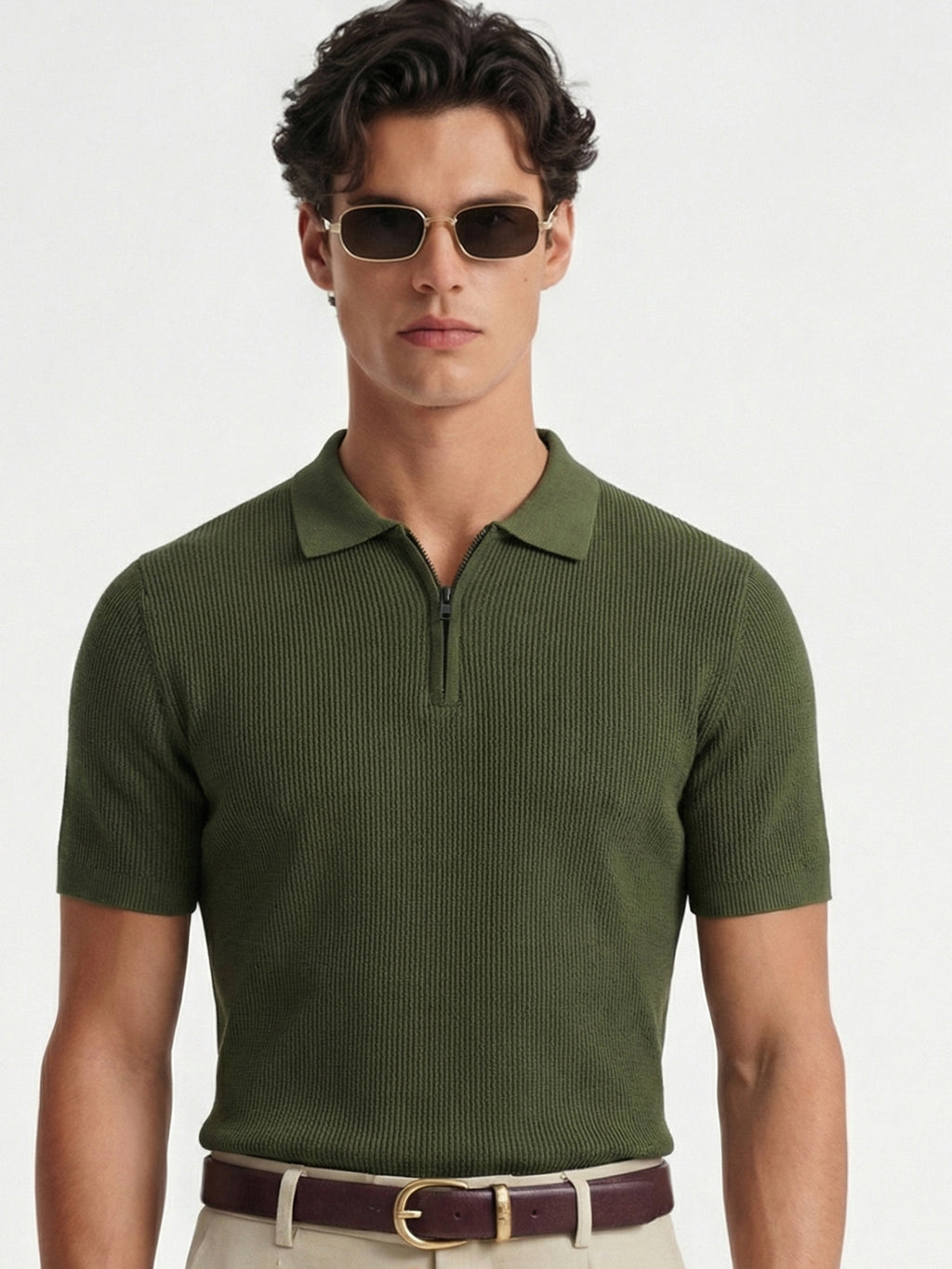 Highlander Men Olive Self Design Polo Collar T-Shirt - Olive - Image 1