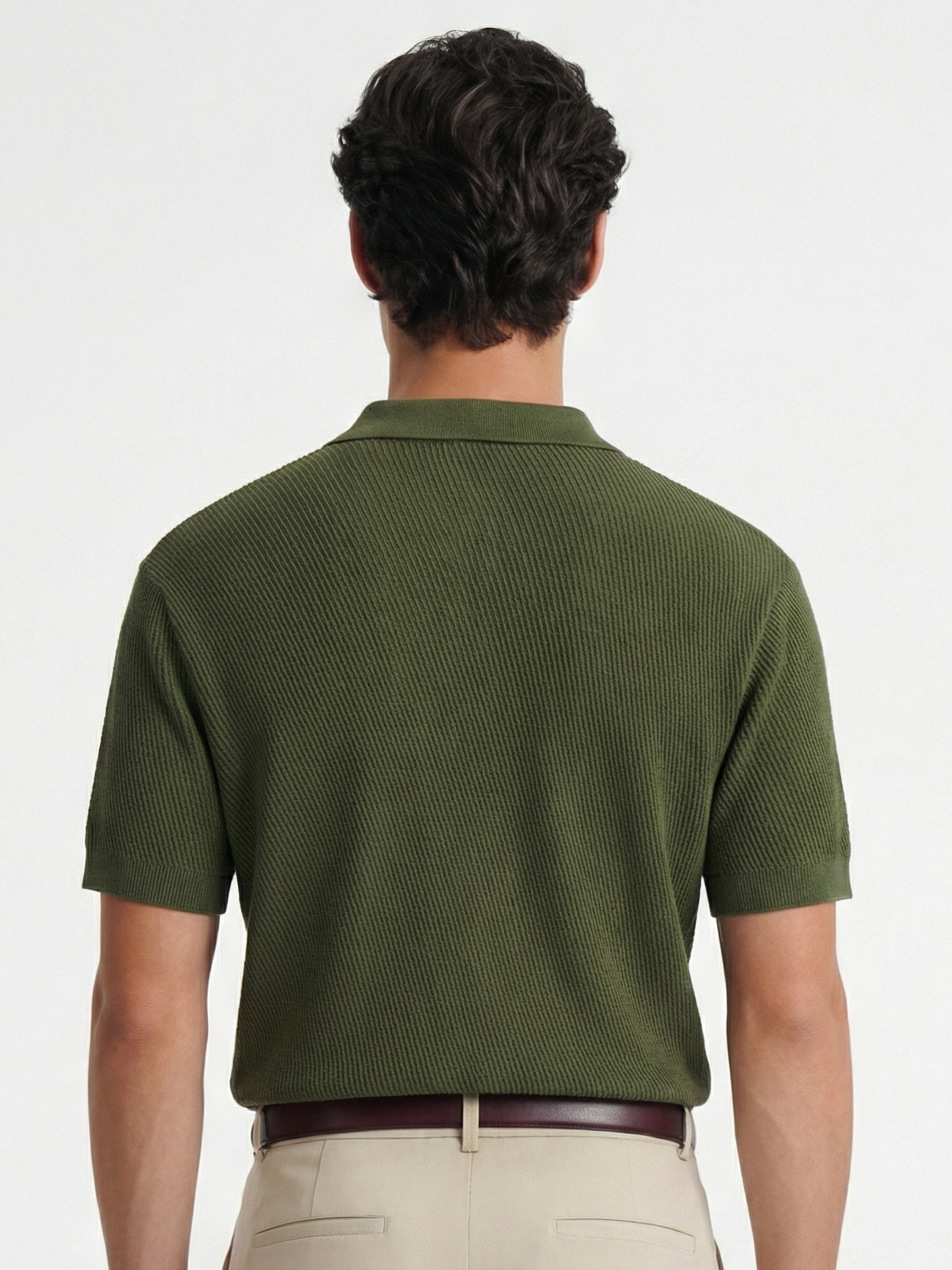Highlander Men Olive Self Design Polo Collar T-Shirt - Olive - Image 3