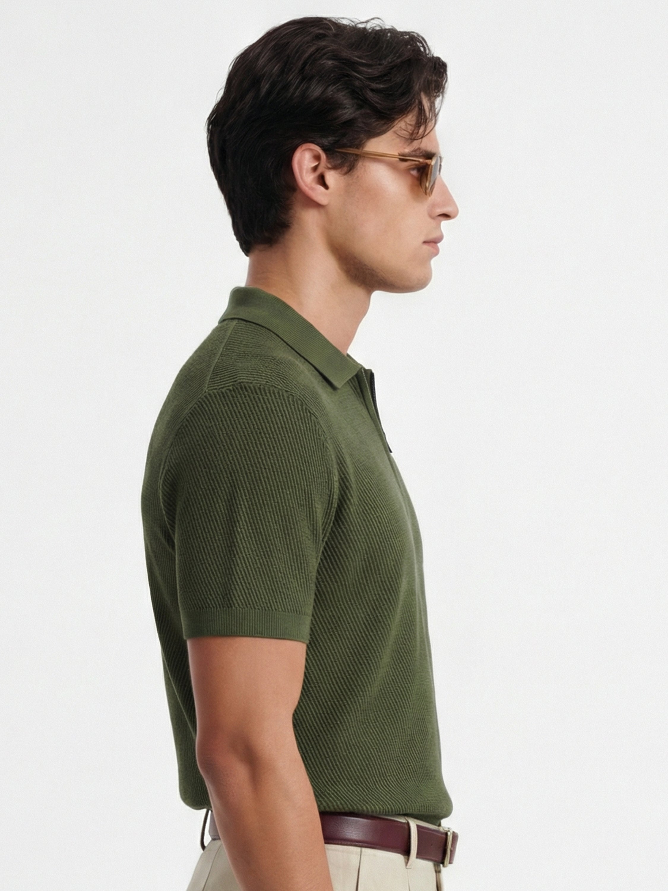 Highlander Men Olive Self Design Polo Collar T-Shirt - Olive - Image 4