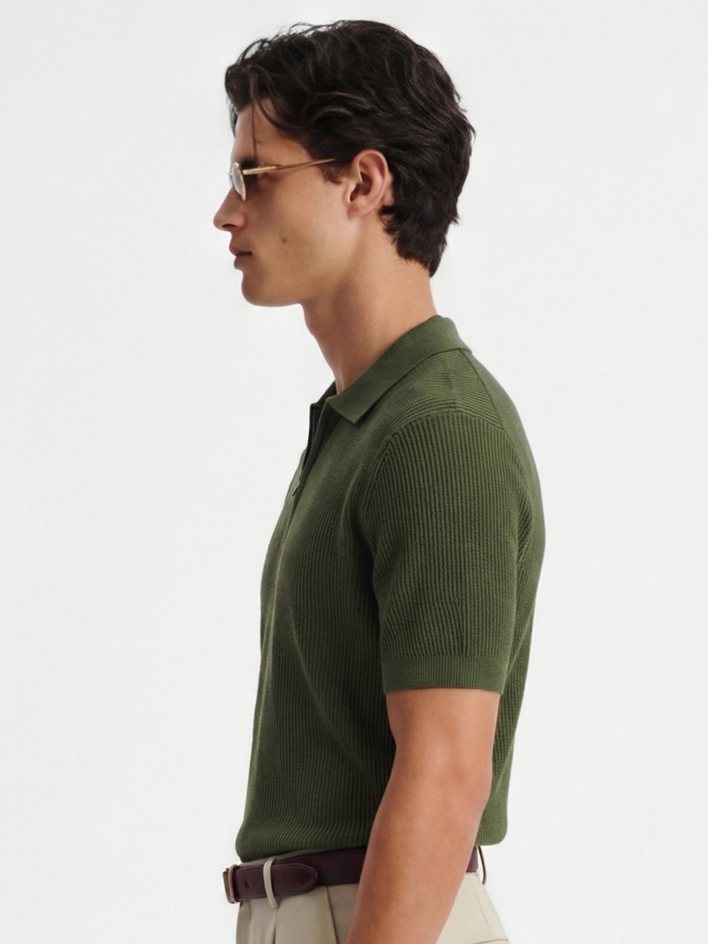 Highlander Men Olive Self Design Polo Collar T-Shirt - Olive - Image 5